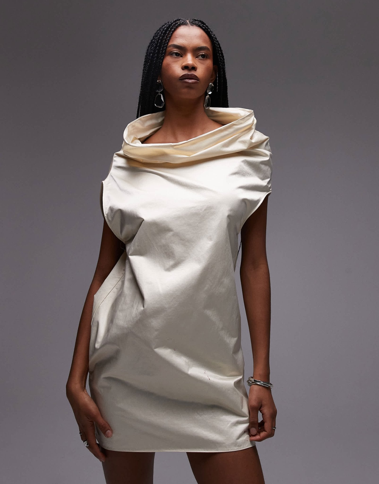 Mango capsule premium satin mini dress with ruched neck detail in oyster - ASOS Sample Sale EU Store