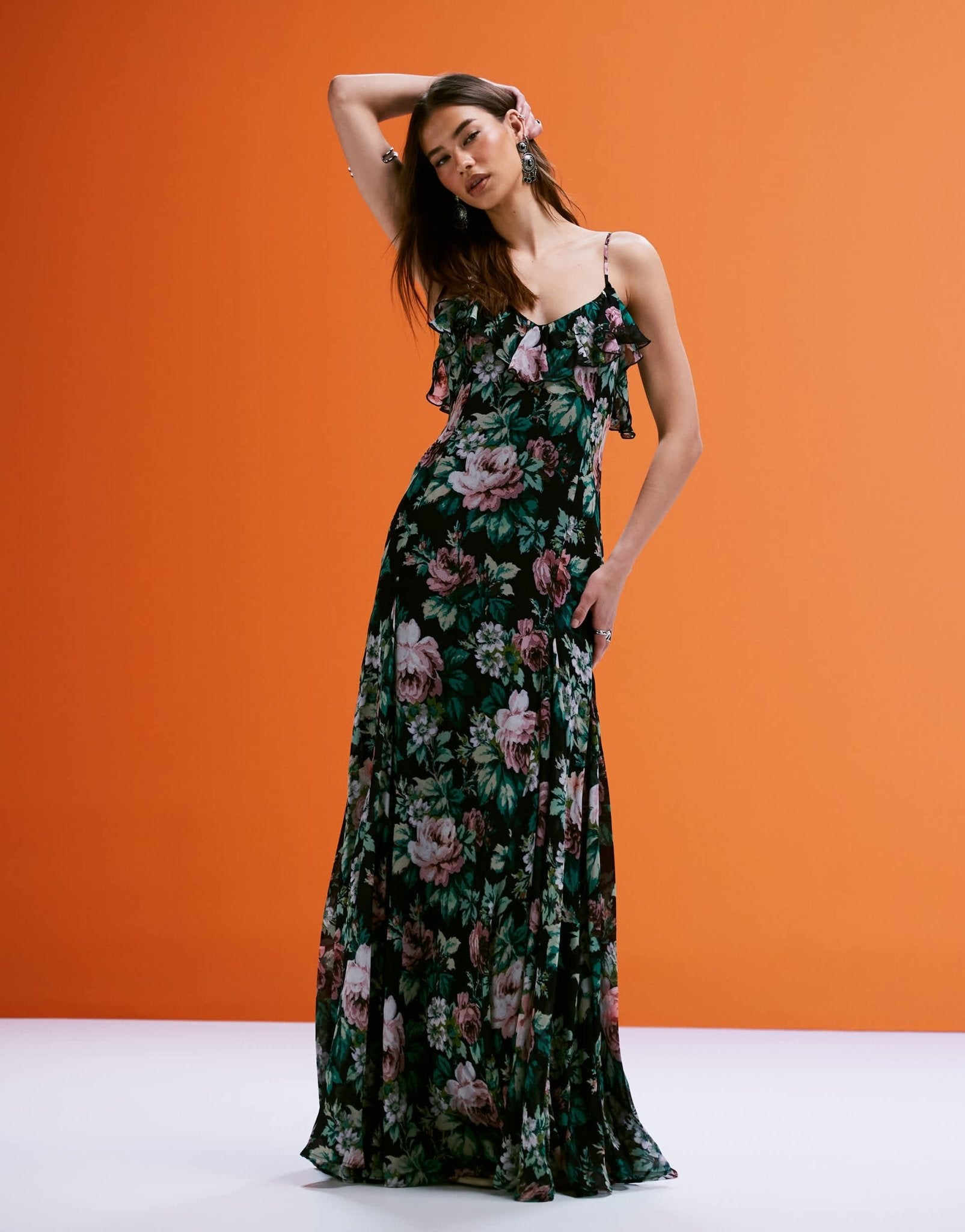 Mango chiffon ruffle maxi dress in deep floral print - ASOS Sample Sale EU Store