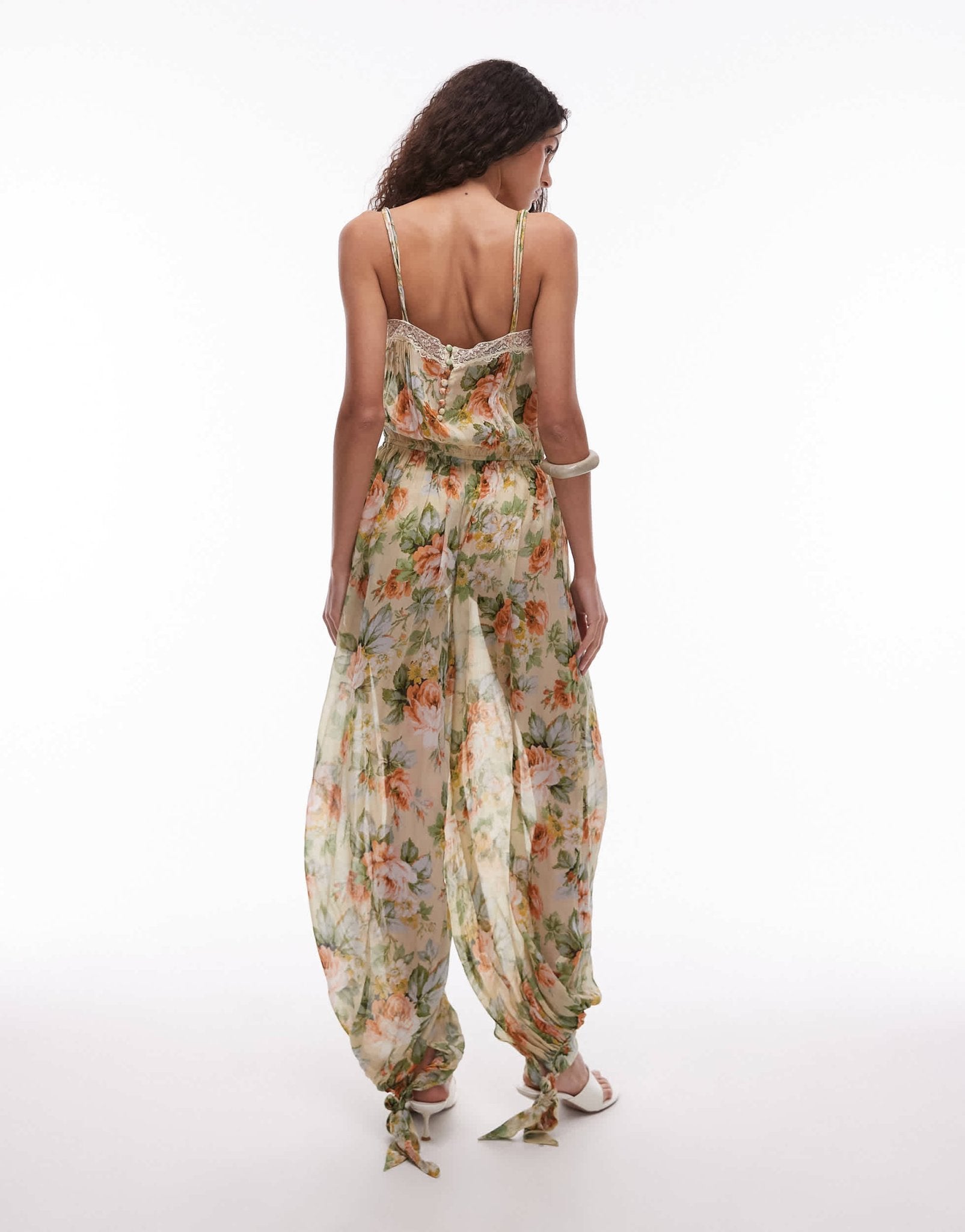 Mango chiffon volume leg jumpsuit with lace trim in soft floral print - ASOS Sample Sale EU Store