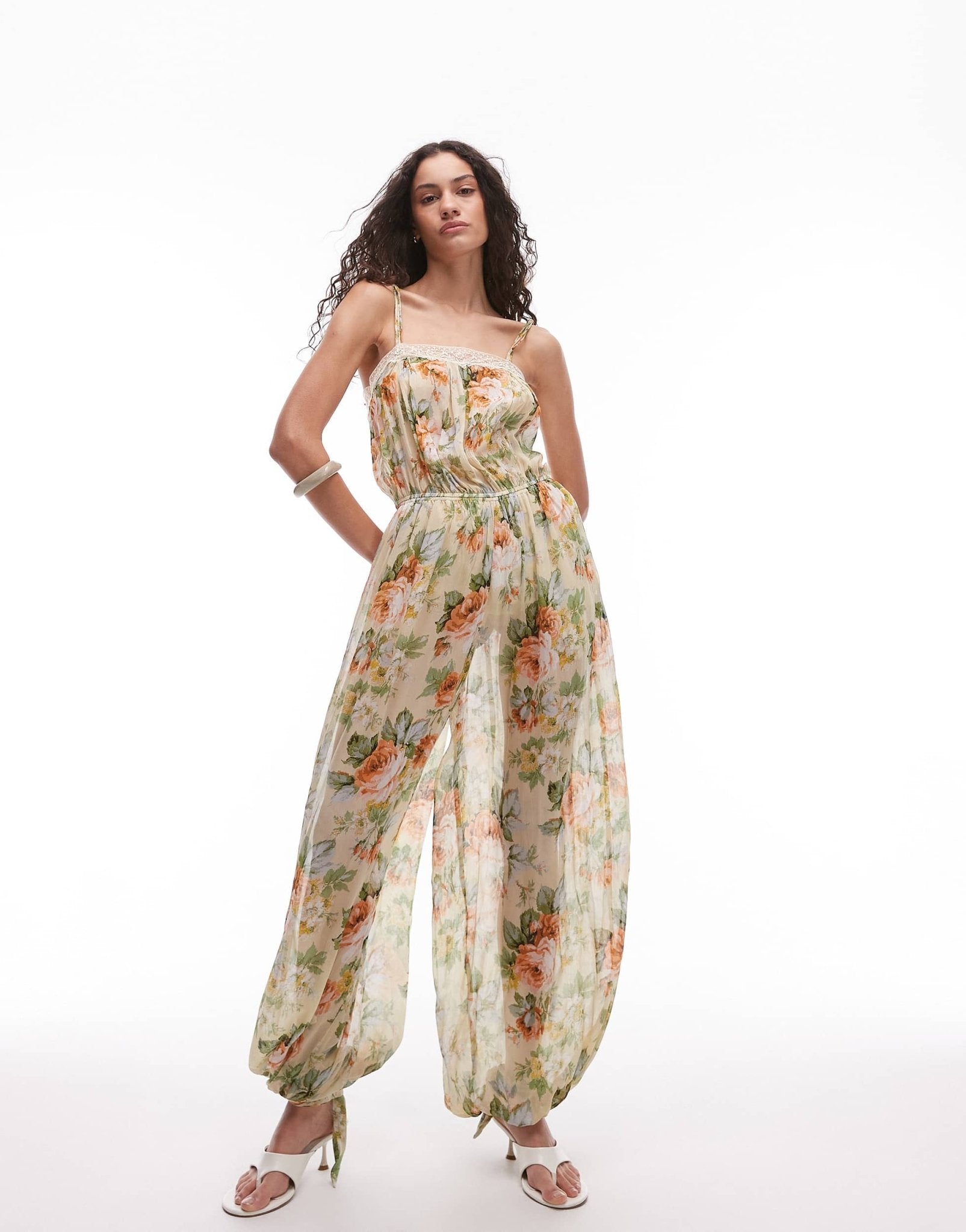 Mango chiffon volume leg jumpsuit with lace trim in soft floral print - ASOS Sample Sale EU Store