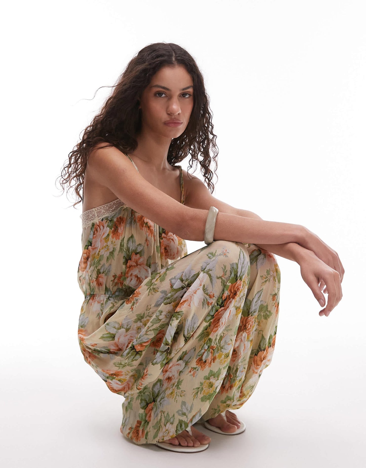 Mango chiffon volume leg jumpsuit with lace trim in soft floral print - ASOS Sample Sale EU Store