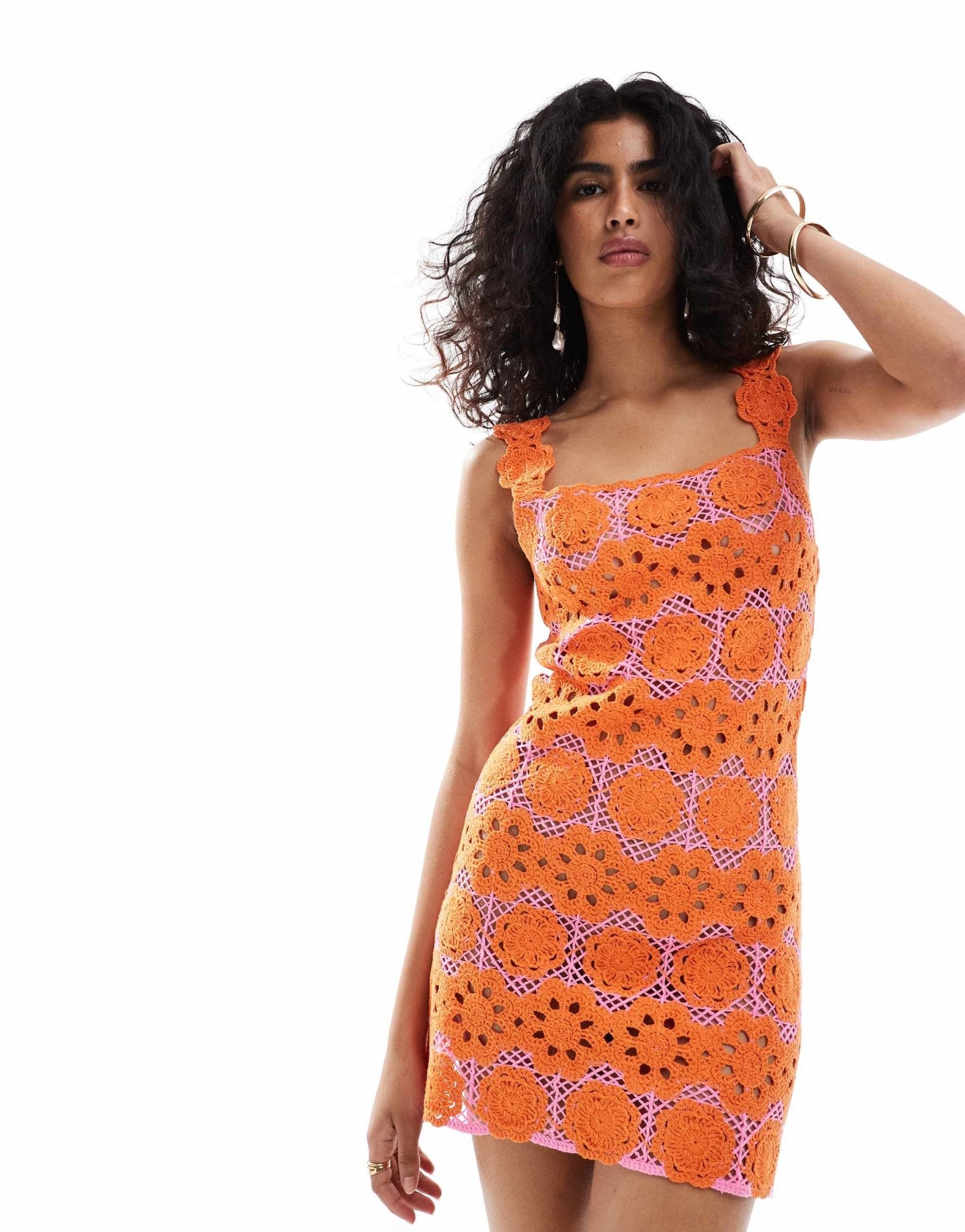 Mango crochet squared mini dress in pink and orange - ASOS Sample Sale EU Store