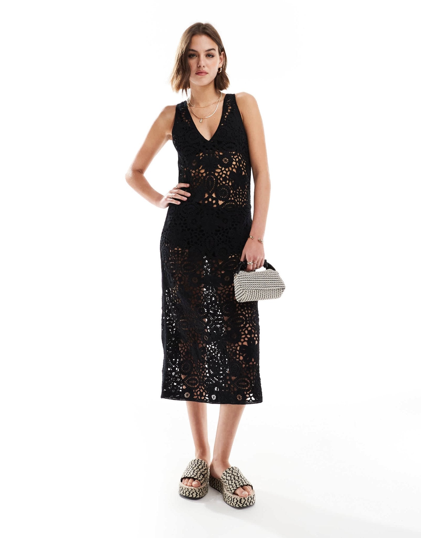 Mango crochet v neck midi dress in black - ASOS Sample Sale EU Store