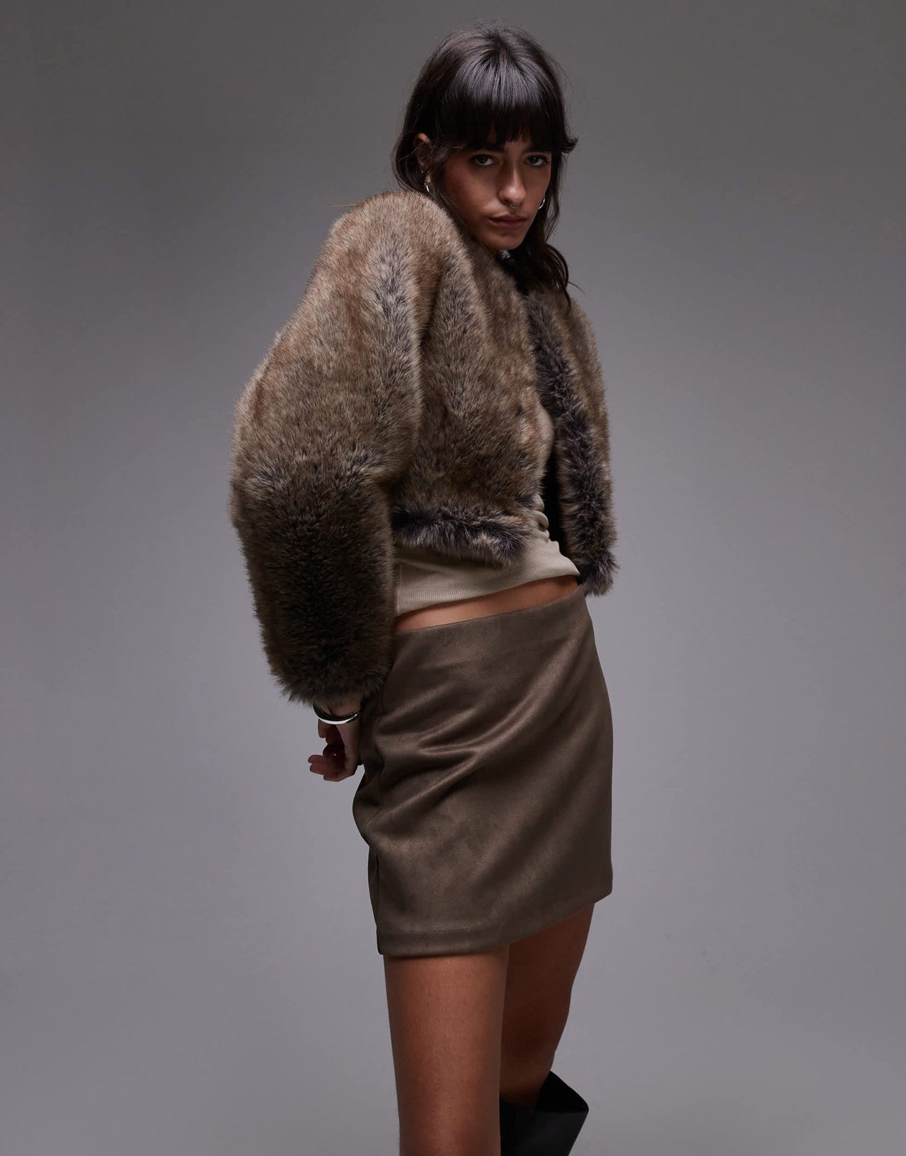 Mango cropped mixed faux fur jacket in brown - ASOS Sample Sale EU Store