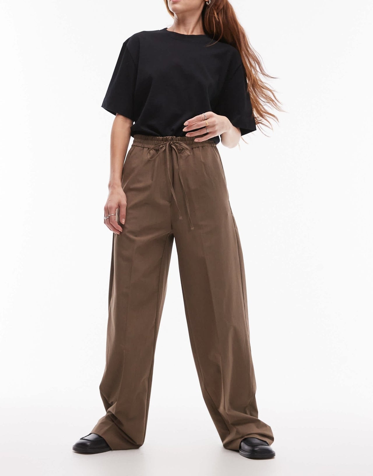Mango elasticated tie waist relaxed trouser in brown - ASOS Sample Sale EU Store