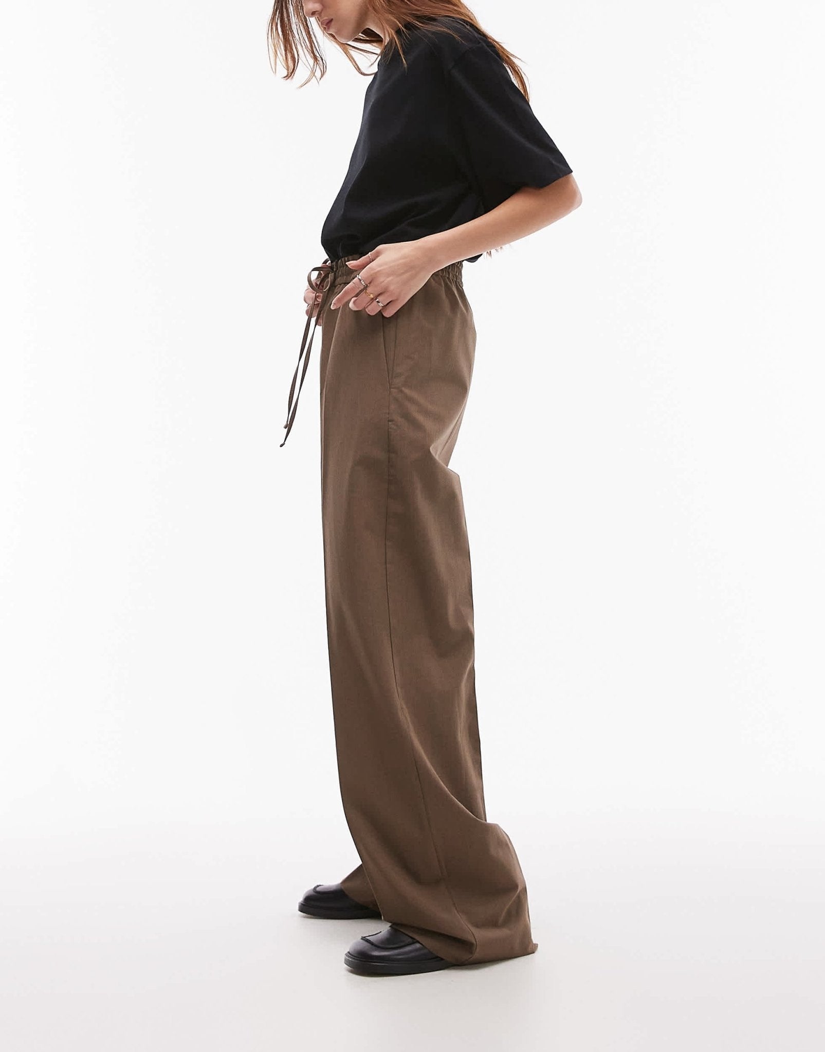 Mango elasticated tie waist relaxed trouser in brown - ASOS Sample Sale EU Store