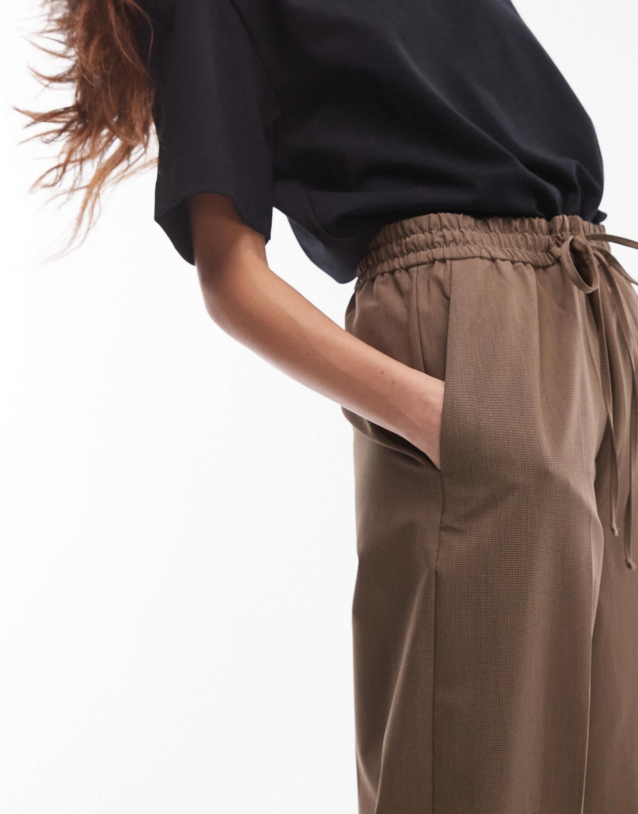 Mango elasticated tie waist relaxed trouser in brown - ASOS Sample Sale EU Store
