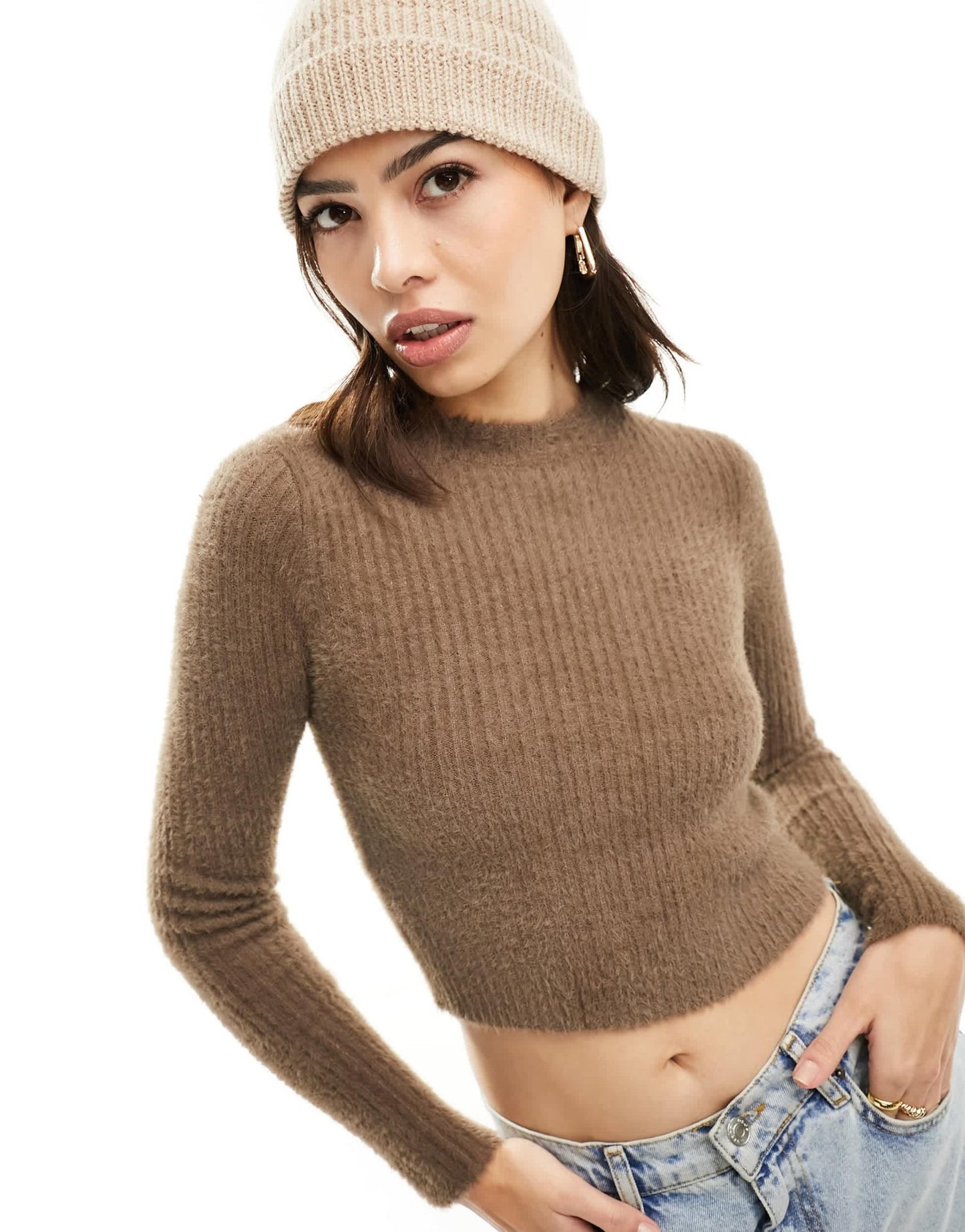 Mango fluffy cropped jumper in brown - ASOS Sample Sale EU Store