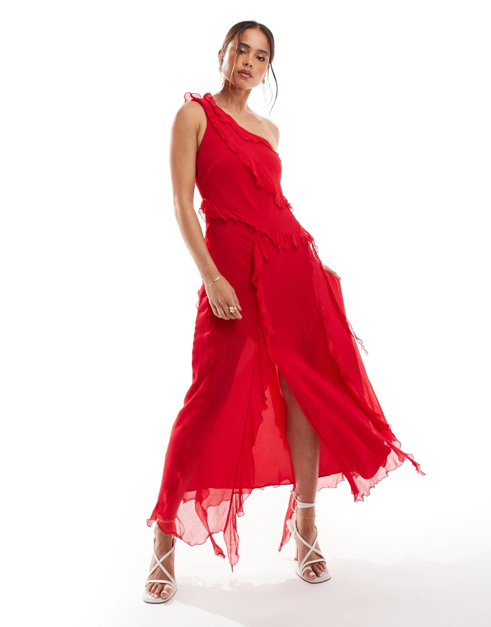 Mango frayed one shoulder midi dress in red - ASOS Sample Sale EU Store