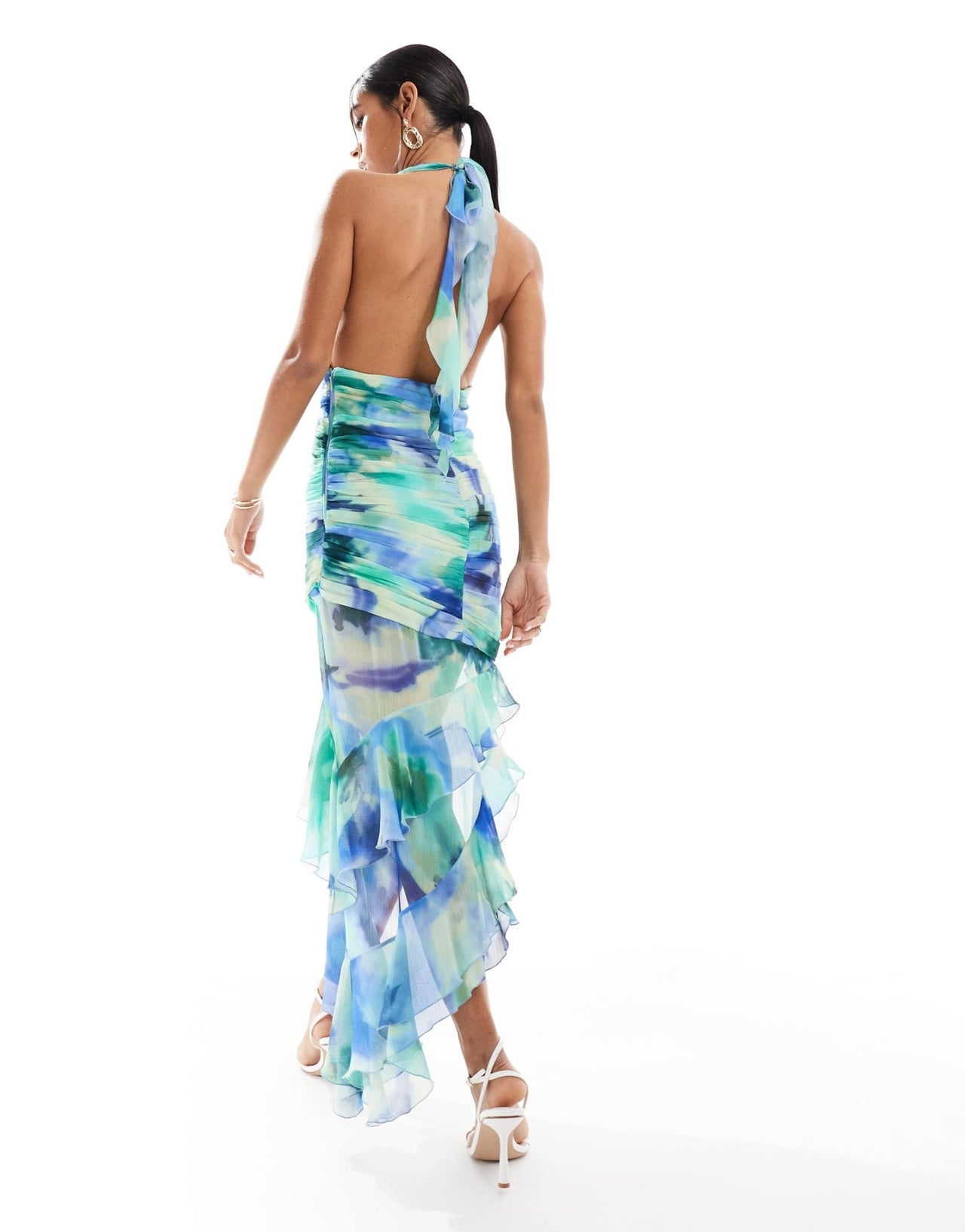 Mango halterneck high split printed midi in blue - ASOS Sample Sale EU Store
