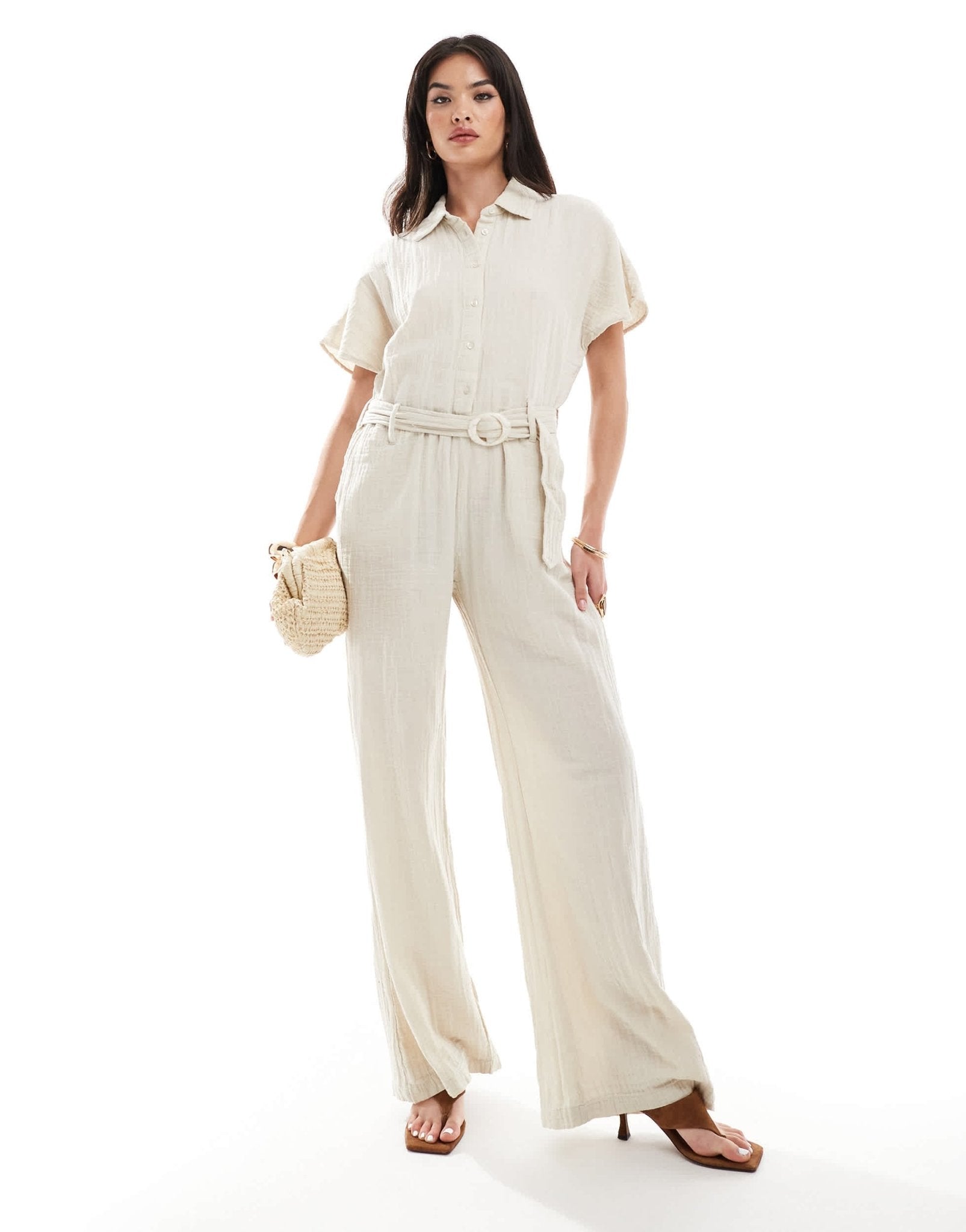 Mango linen look belted jumpsuit in white - ASOS Sample Sale EU Store