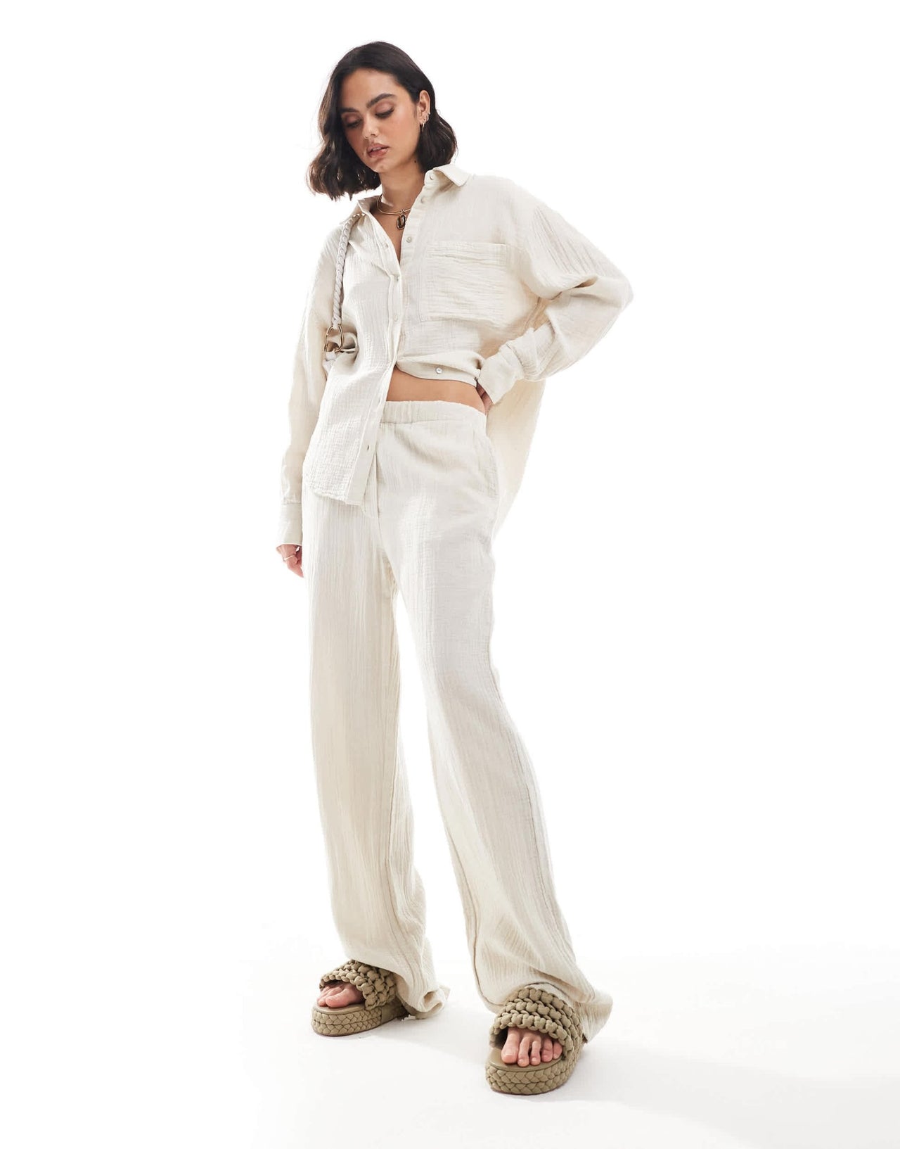 Mango linen look straight leg co - ord trousers in light beige - ASOS Sample Sale EU Store