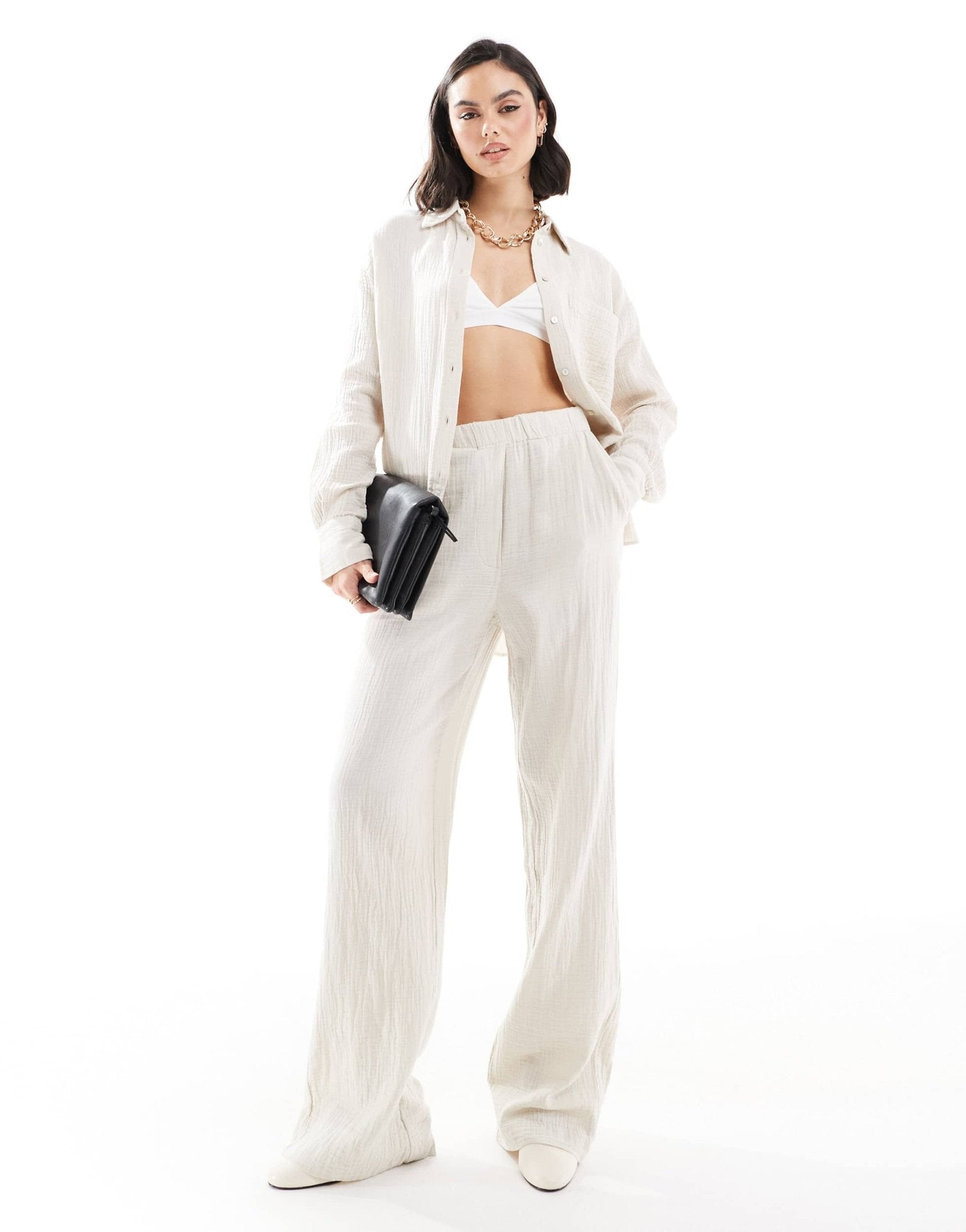 Mango linen look textured co - ord trousers in light beige - ASOS Sample Sale EU Store