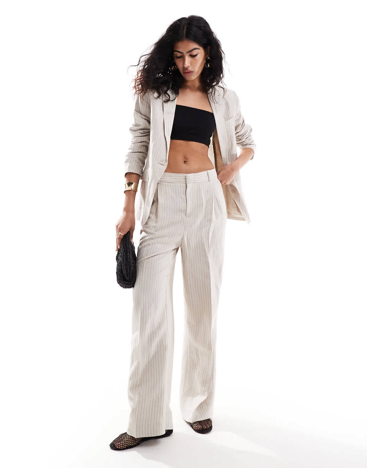 Mango linen mix stripe straight leg co - ord trousers in beige - ASOS Sample Sale EU Store