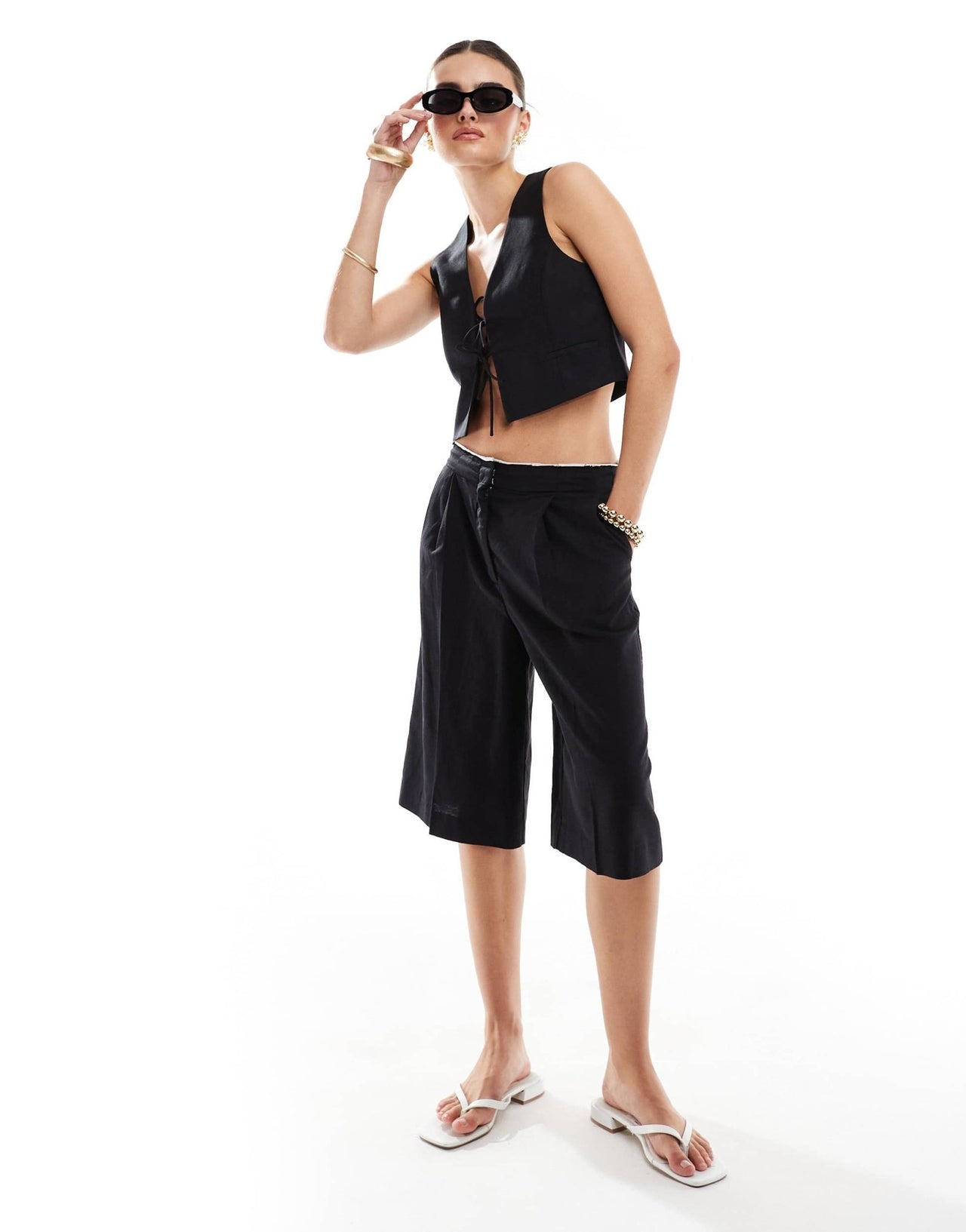 Mango linen mix tie front co - ord waistcoat in black - ASOS Sample Sale EU Store