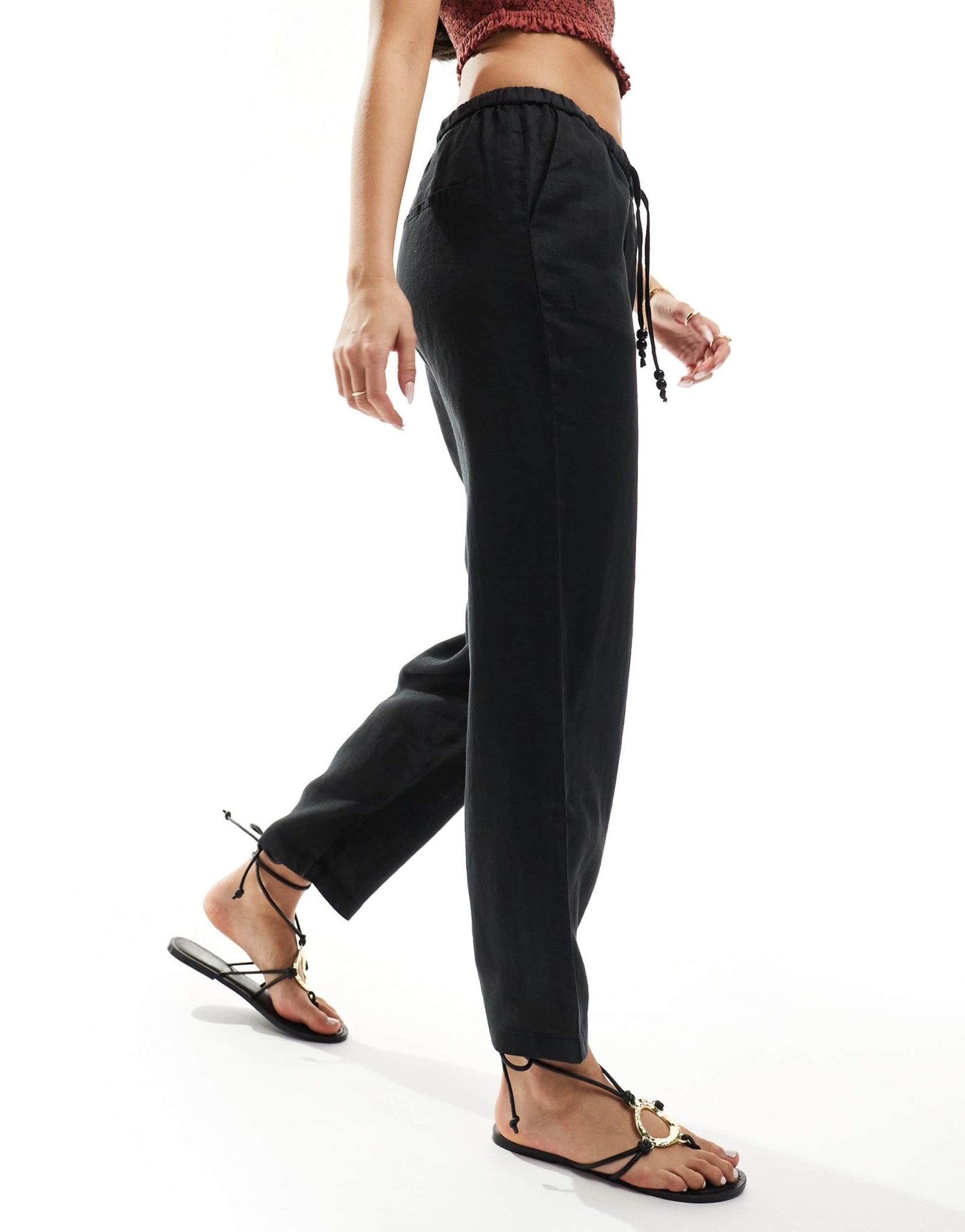 Mango linen tie waist trousers in black - ASOS Sample Sale EU Store