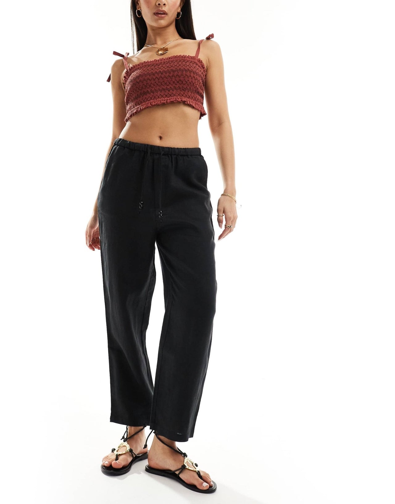 Mango linen tie waist trousers in black - ASOS Sample Sale EU Store