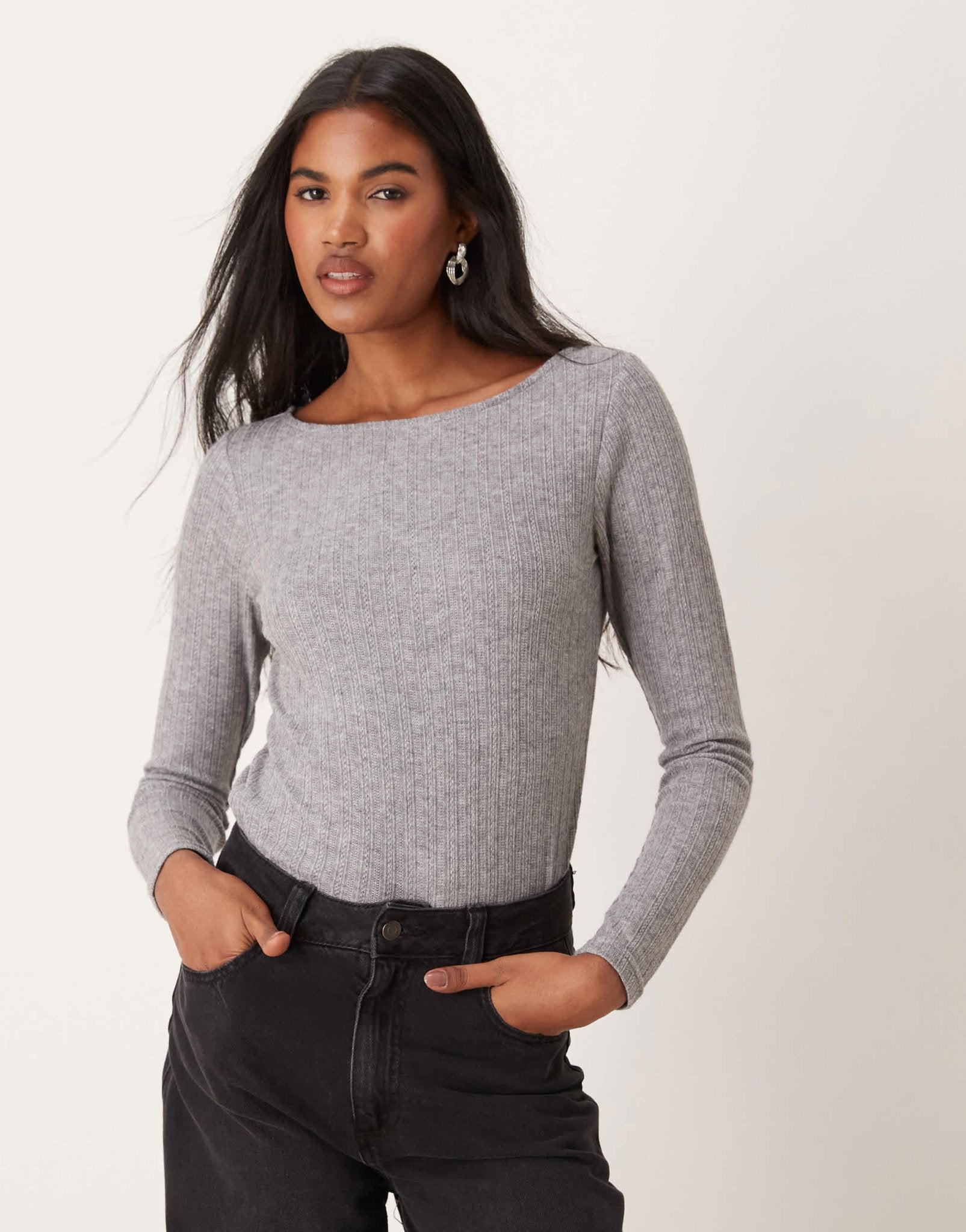Mango mixed ribbed long sleeve top in grey - ASOS Sample Sale EU Store