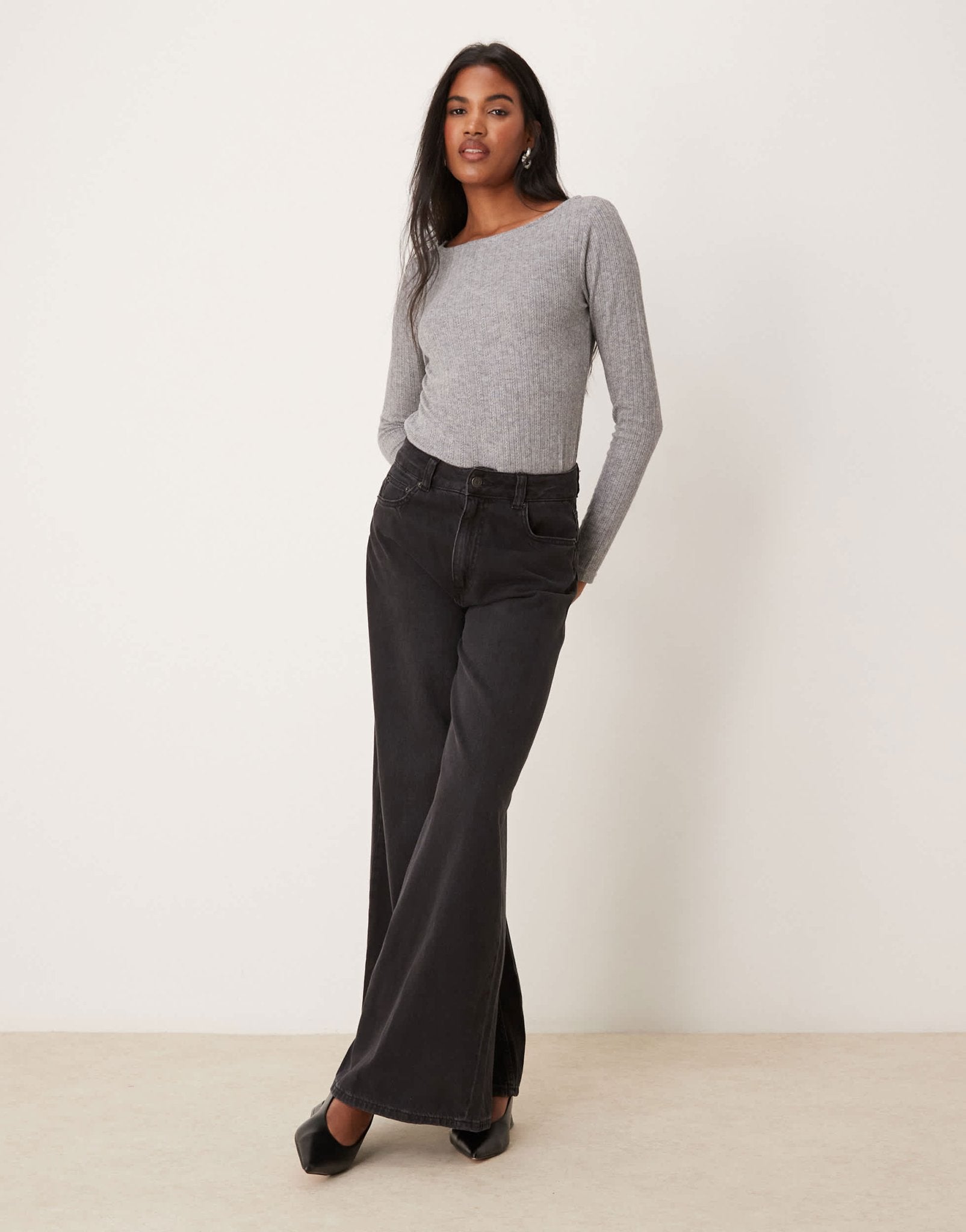 Mango mixed ribbed long sleeve top in grey - ASOS Sample Sale EU Store