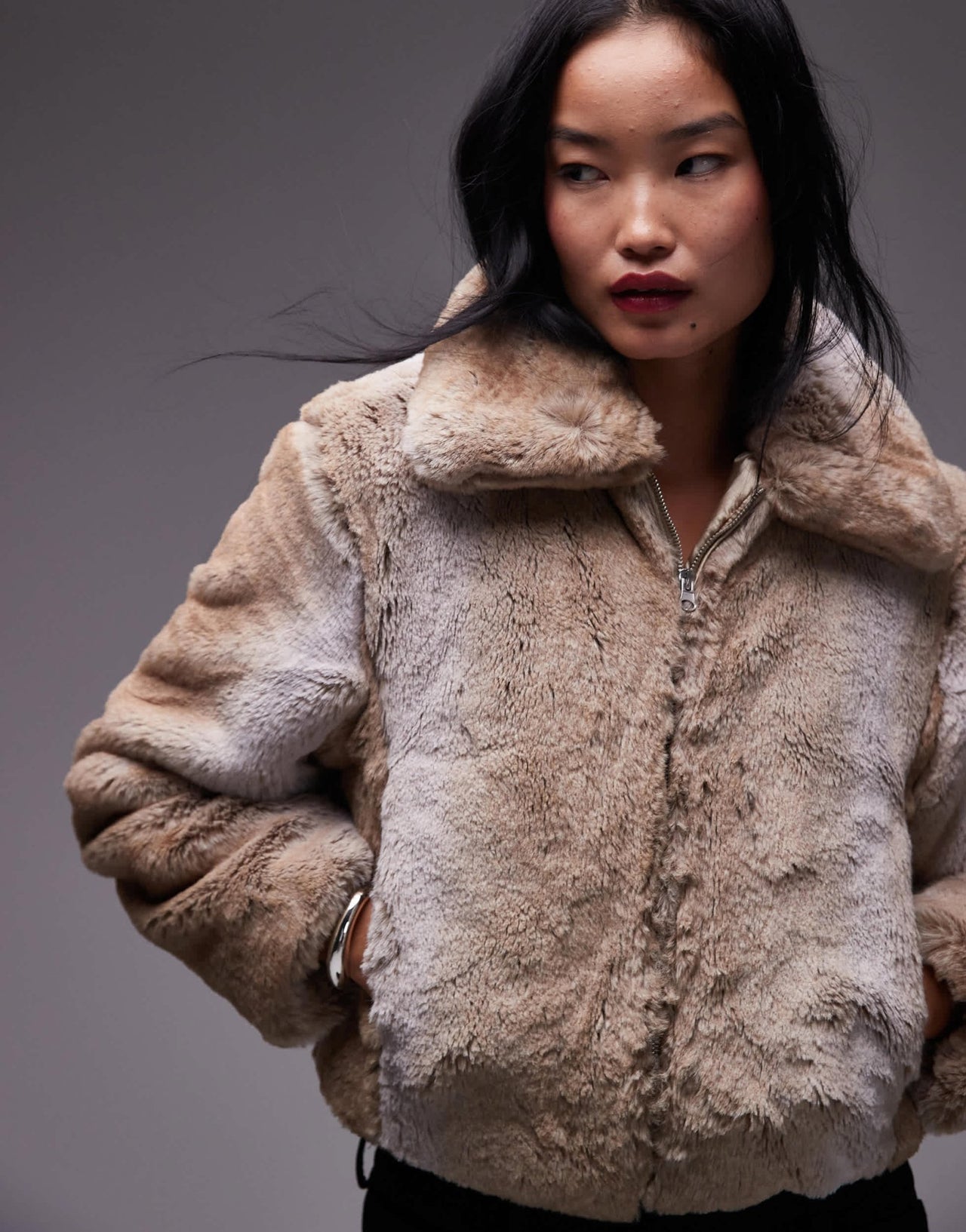 Mango oversized collar fur jacket in beige - ASOS Sample Sale EU Store