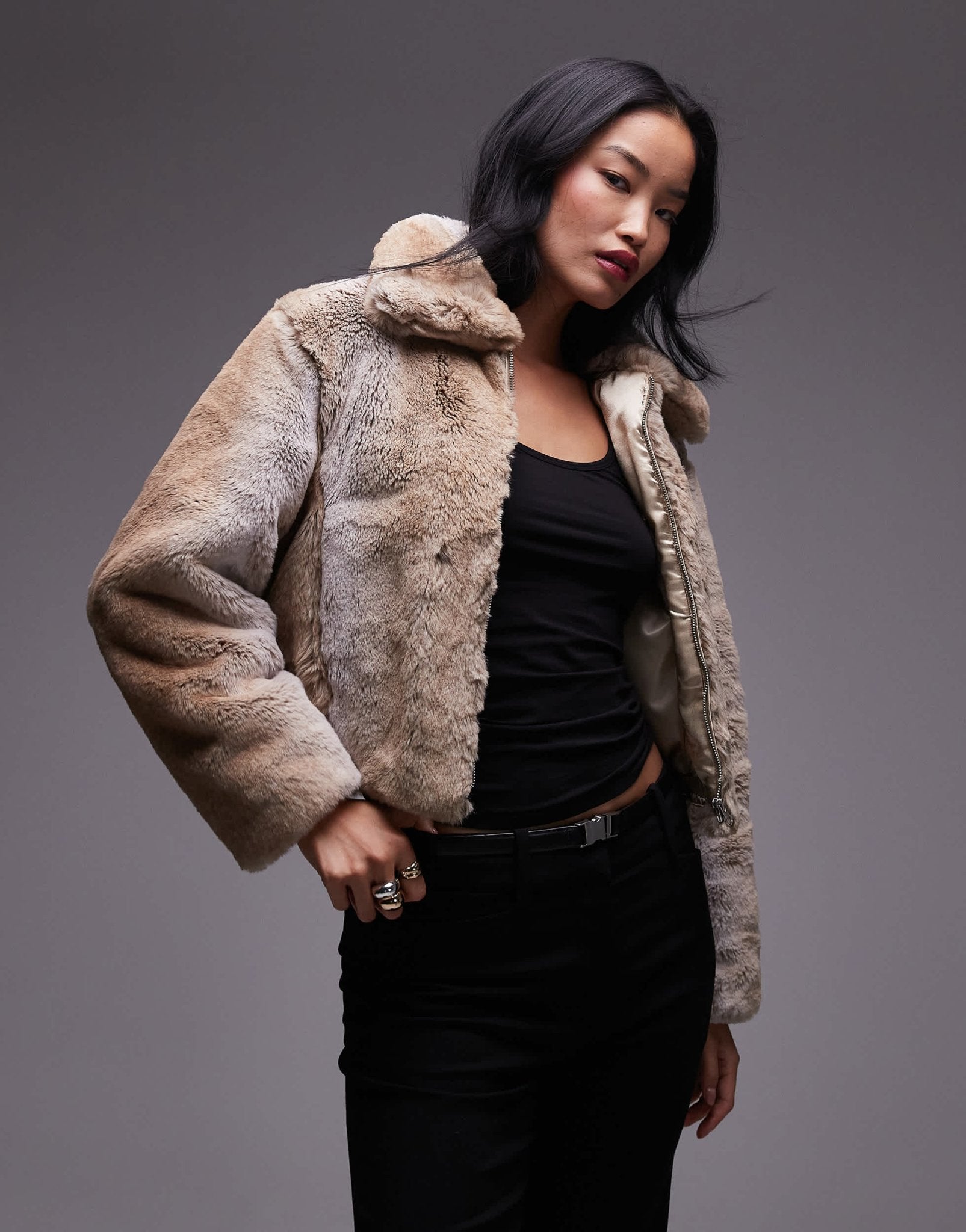 Mango oversized collar fur jacket in beige - ASOS Sample Sale EU Store