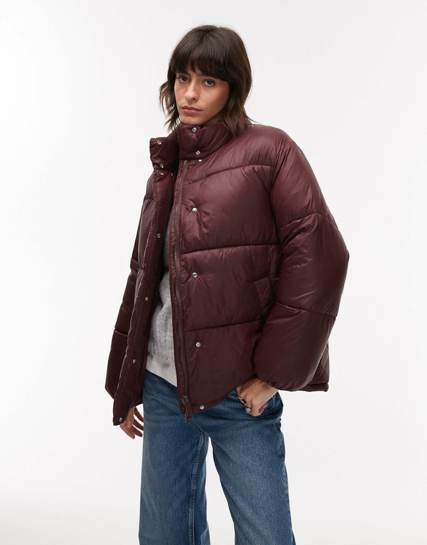 Mango oversized relaxed collar puffer coat in burgundy - ASOS Sample Sale EU Store