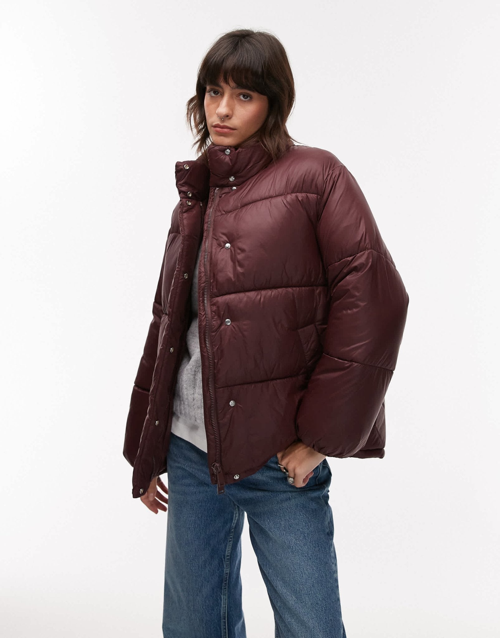 Mango oversized relaxed collar puffer coat in burgundy - ASOS Sample Sale EU Store