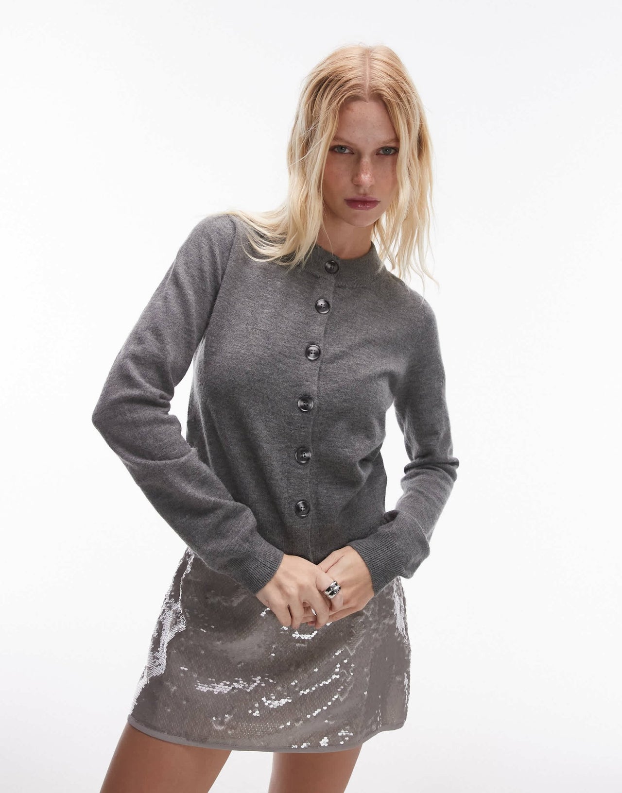 Mango round neck button down wool mix cardigan in grey - ASOS Sample Sale EU Store