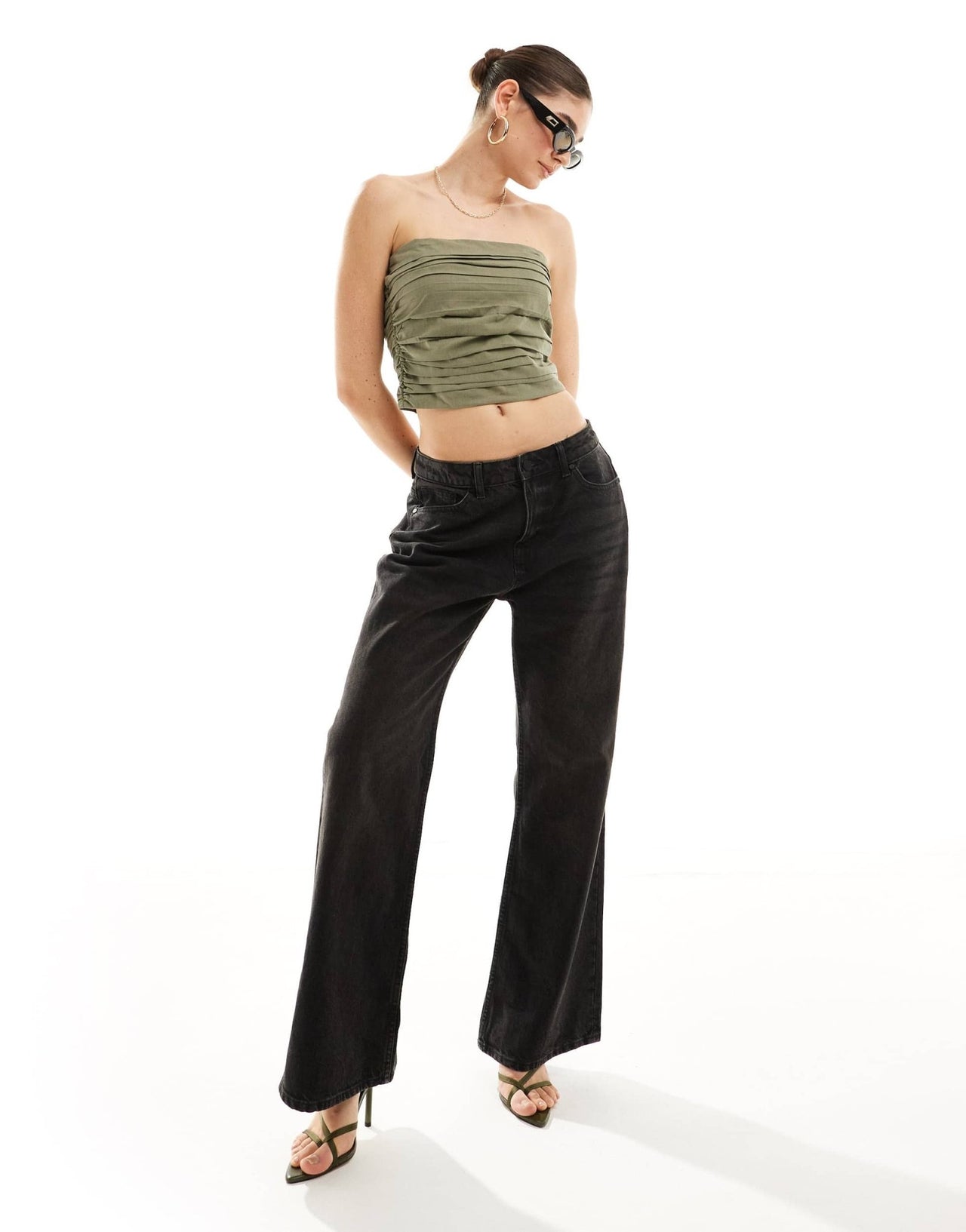 Mango ruched bandeau top in khaki - ASOS Sample Sale EU Store