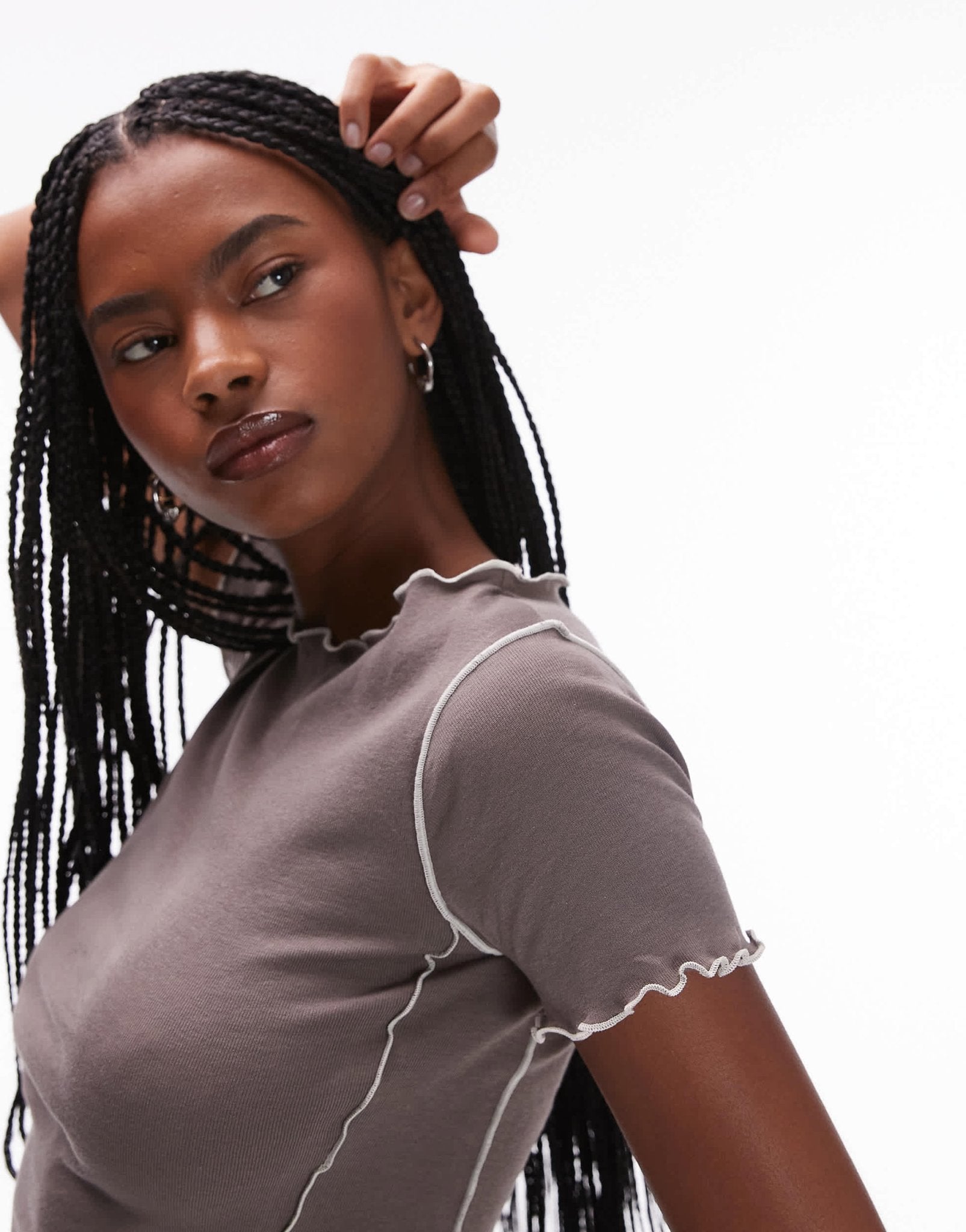 Mango seamed lettuce edge t-shirt in brown - ASOS Sample Sale EU Store