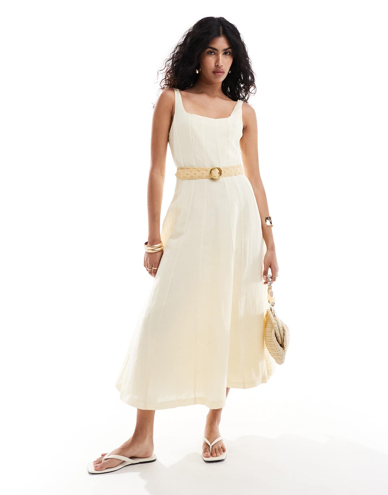 Mango Selection linen mix seamed midi dress in cream - ASOS Sample Sale EU Store