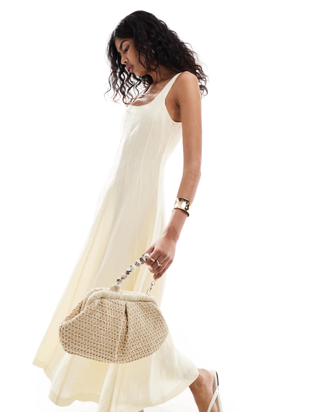 Mango Selection linen mix seamed midi dress in cream - ASOS Sample Sale EU Store