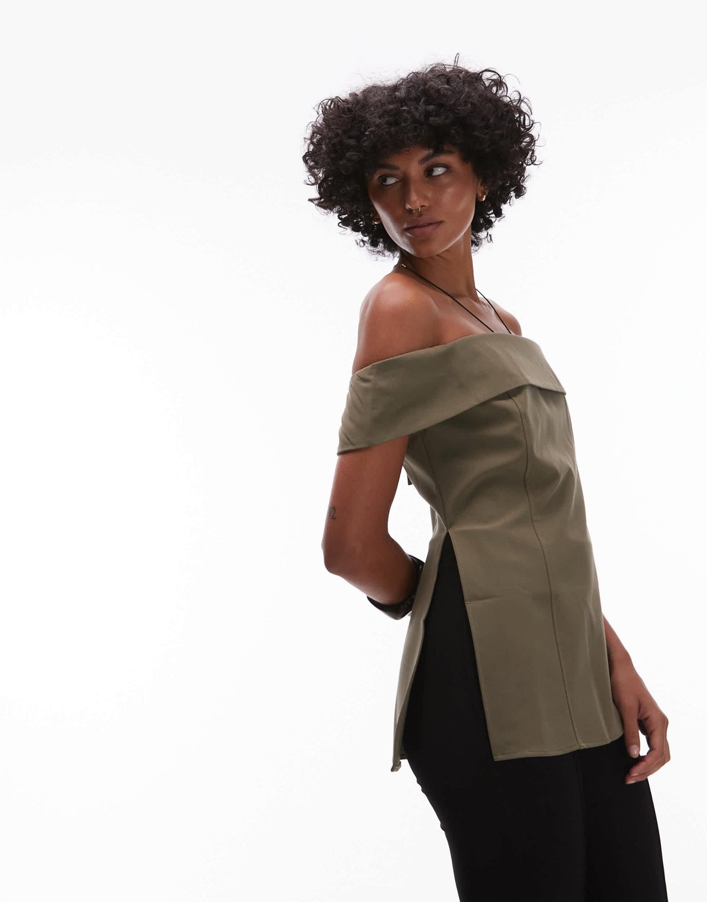 Mango structured longline bardot top in khaki - ASOS Sample Sale EU Store