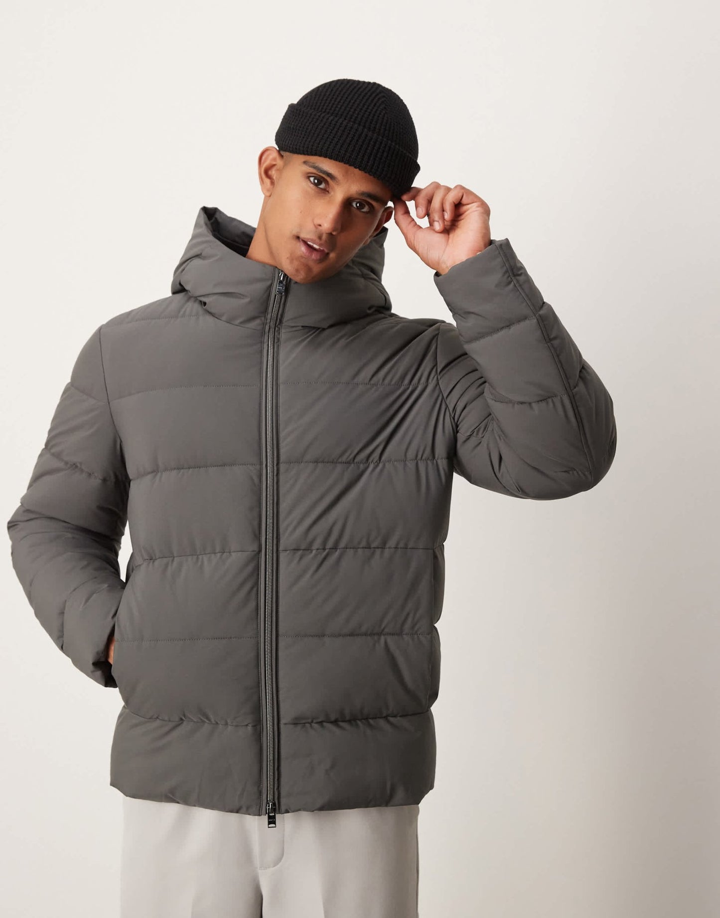 Mango technology hooded puffer jacket in charcoal - ASOS Sample Sale EU Store