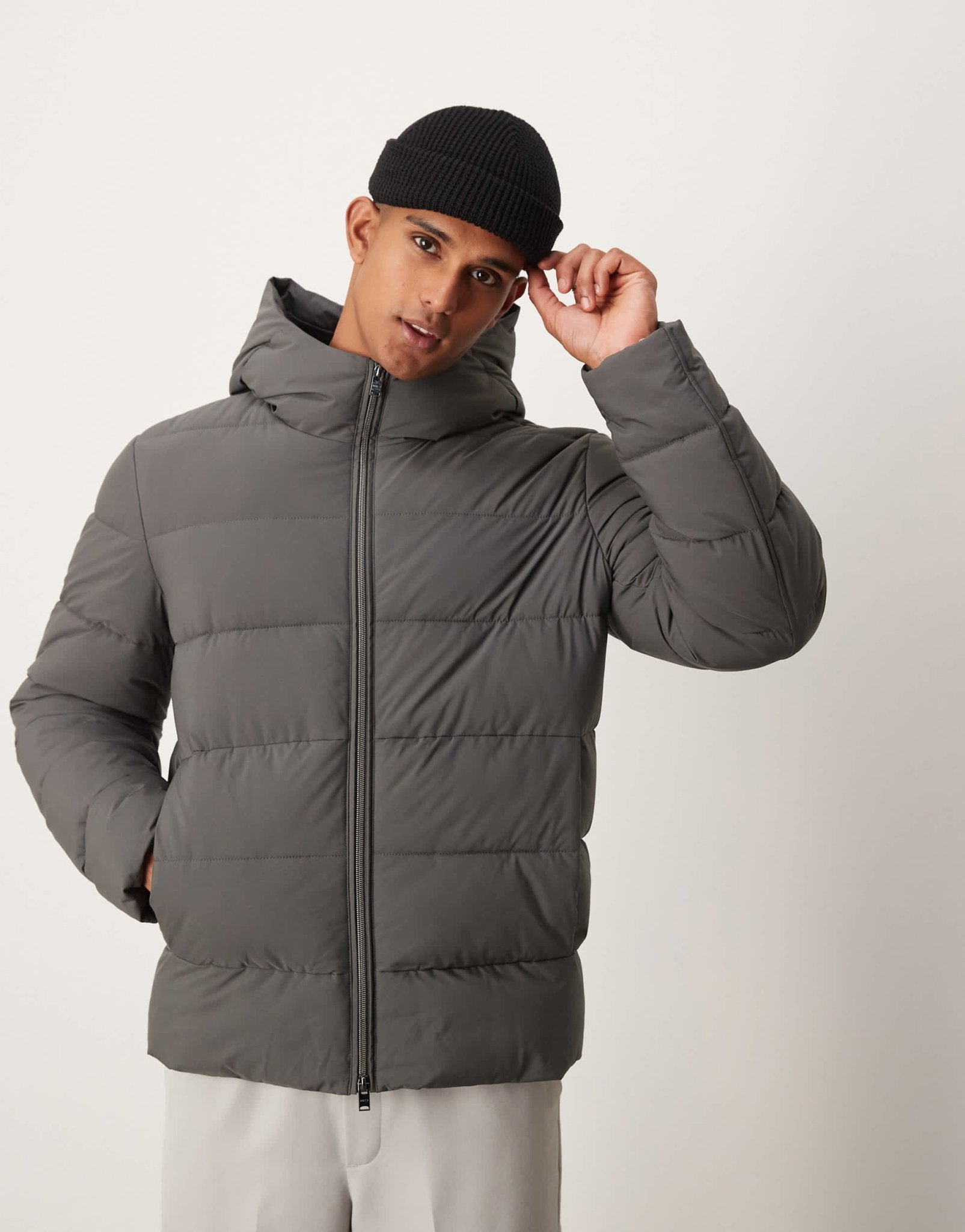 Mango technology hooded puffer jacket in charcoal - ASOS Sample Sale EU Store
