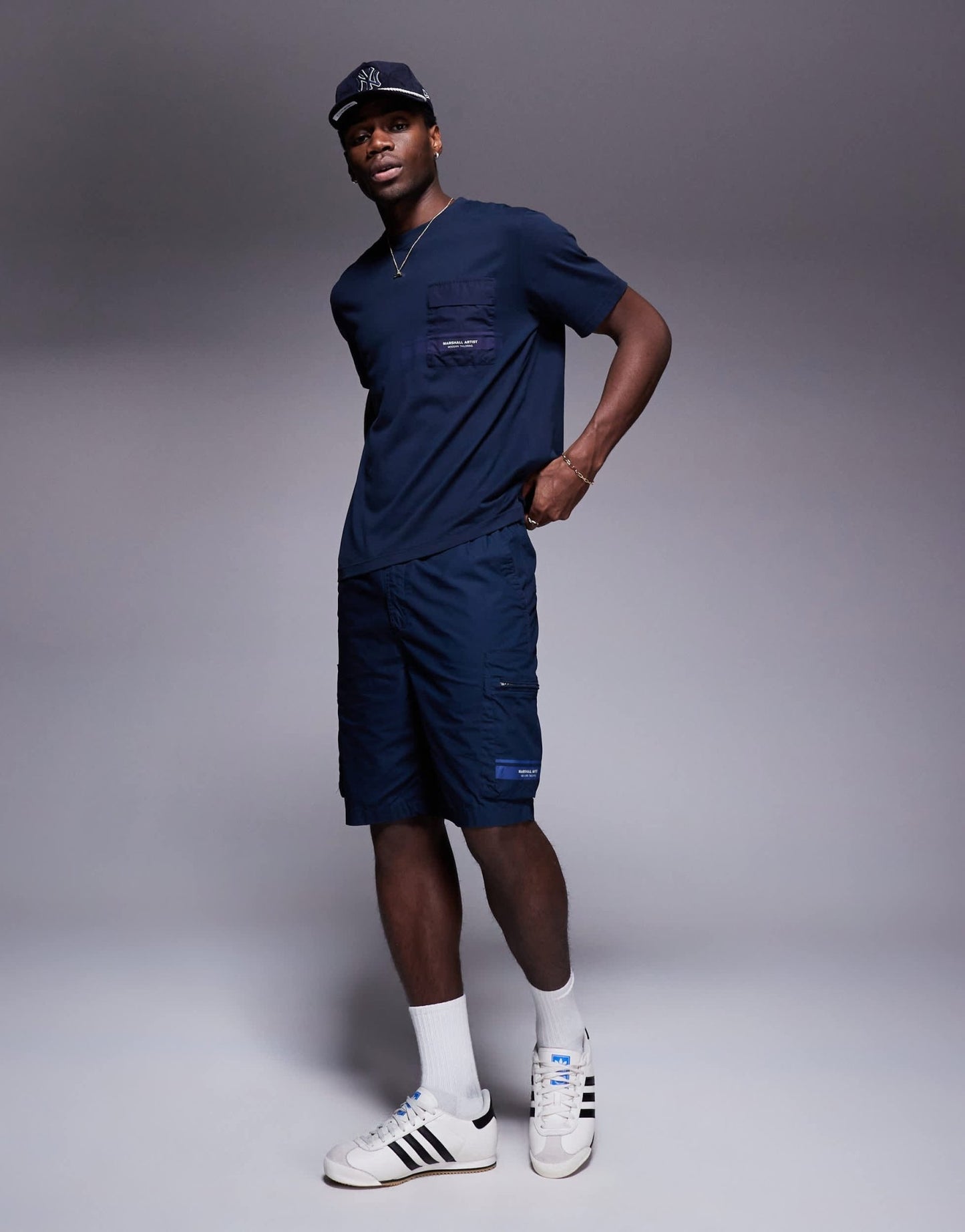 Marshall Artist logo seafield cargo shorts in navy - ASOS Sample Sale EU Store