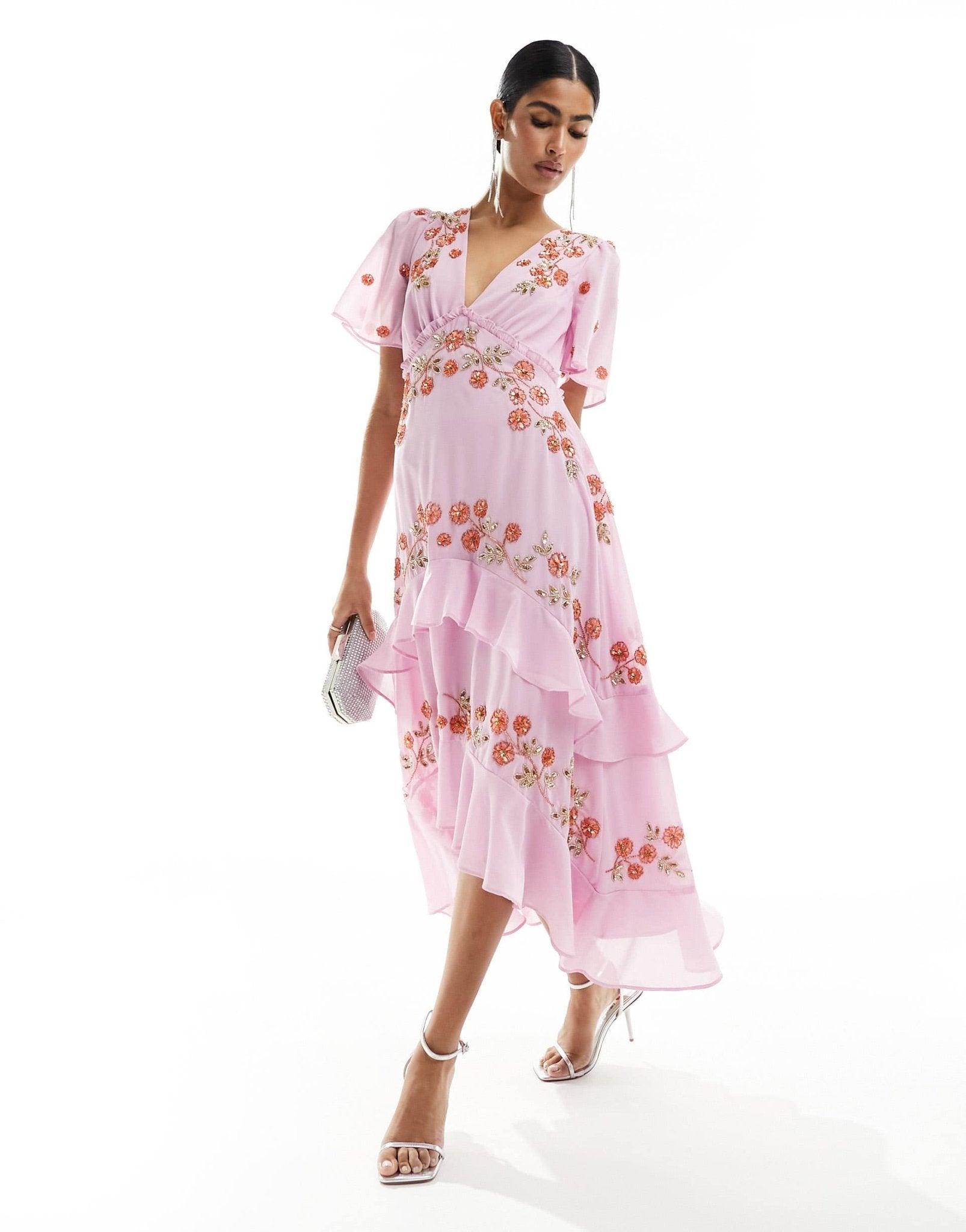 Maya plunge midi dress with floral embellished detail in purple - ASOS Sample Sale EU Store
