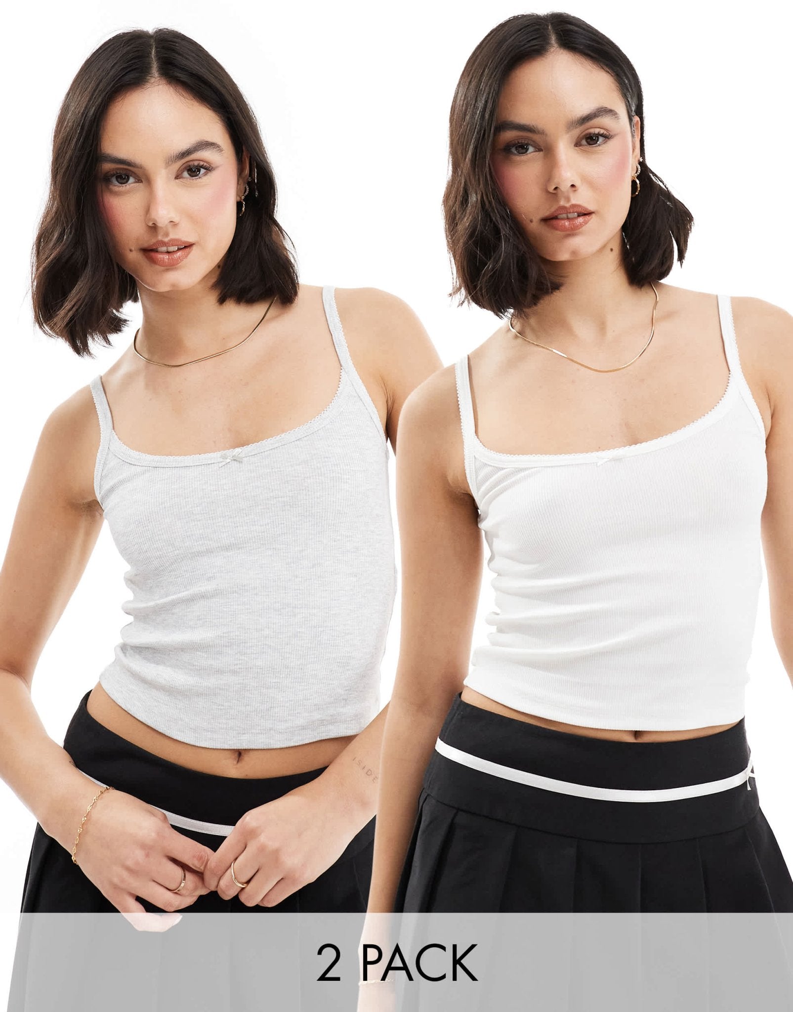Miss Selfridge 2 pack lace trim rib cami top in white and grey marl - ASOS Sample Sale EU Store