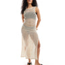 Miss Selfridge beach open crochet low back maxi dress in taupe