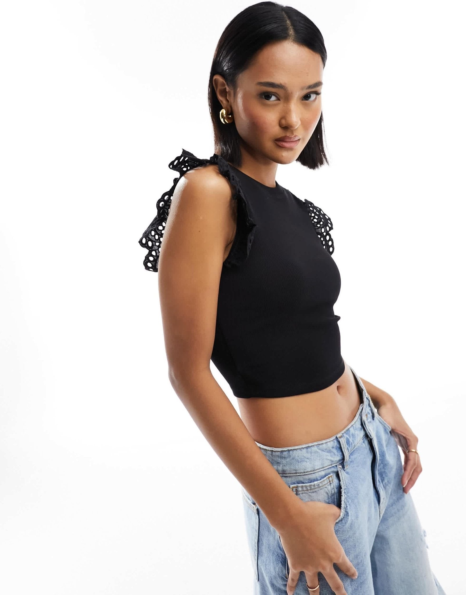 Miss Selfridge broderie frill edge t-shirt in black - ASOS Sample Sale EU Store