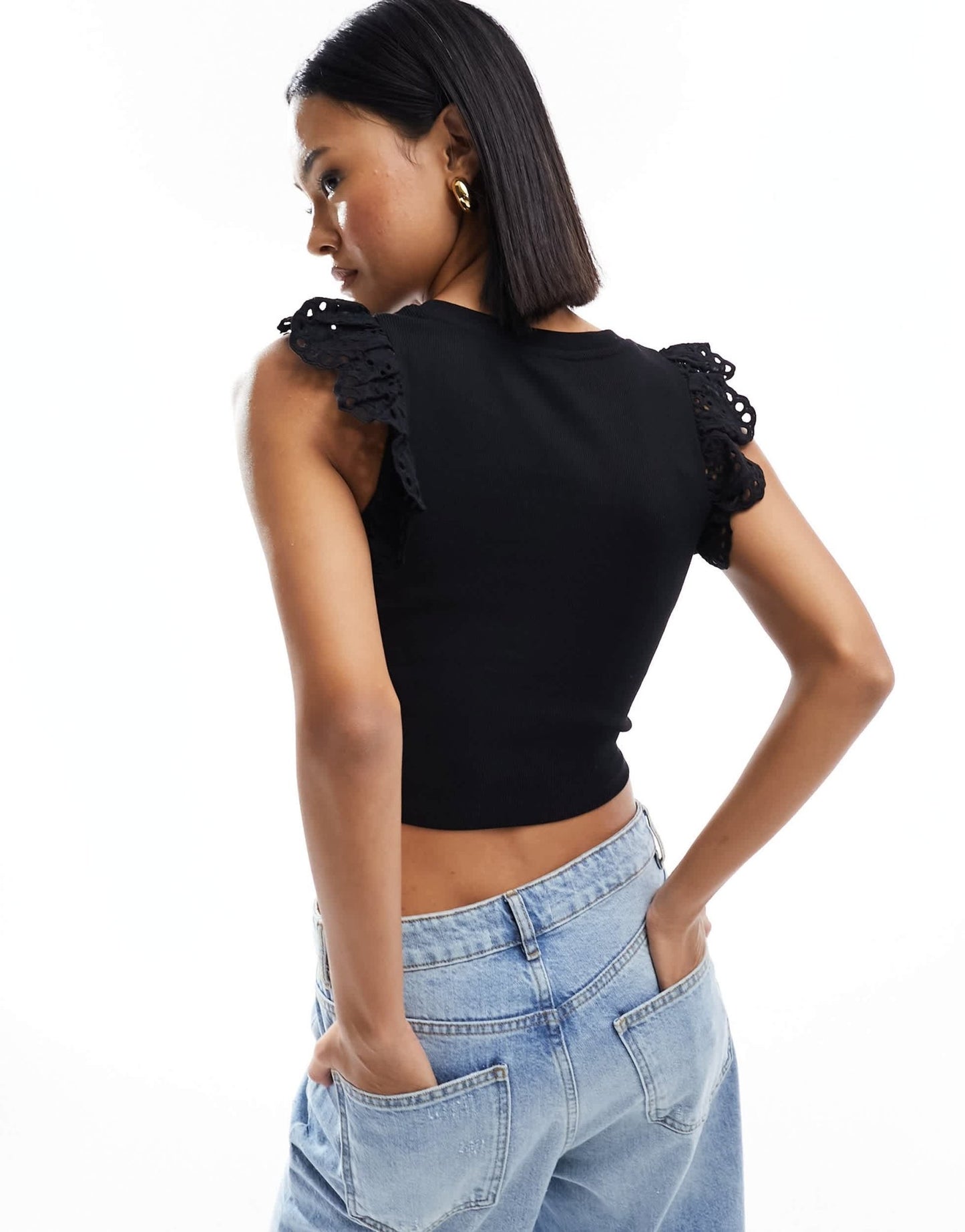 Miss Selfridge broderie frill edge t-shirt in black - ASOS Sample Sale EU Store