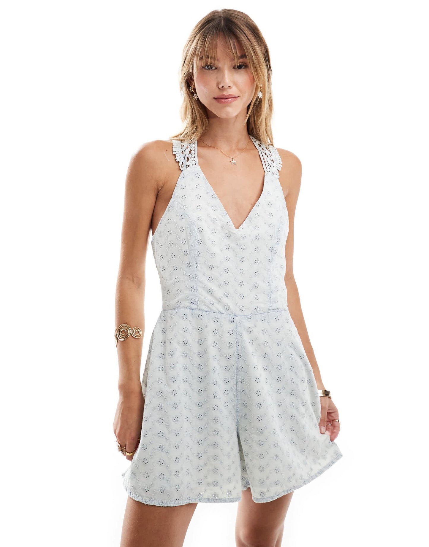 Miss Selfridge broderie playsuit in acid washed blue - ASOS Sample Sale EU Store