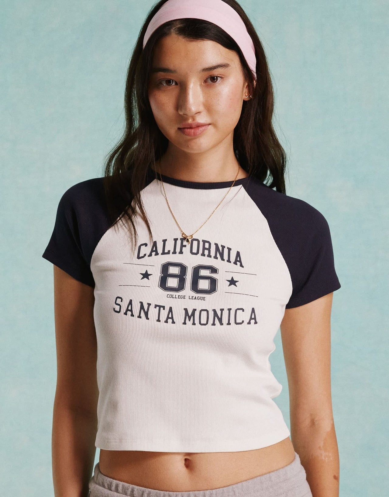 Miss Selfridge California graphic raglan baby tee in cream and navy - ASOS Sample Sale EU Store