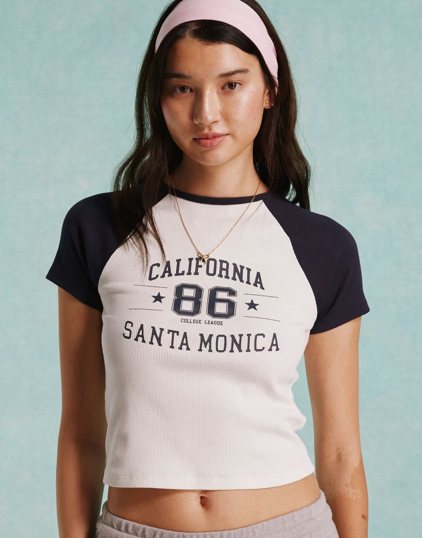 Miss Selfridge California graphic raglan baby tee in cream and navy - ASOS Sample Sale EU Store