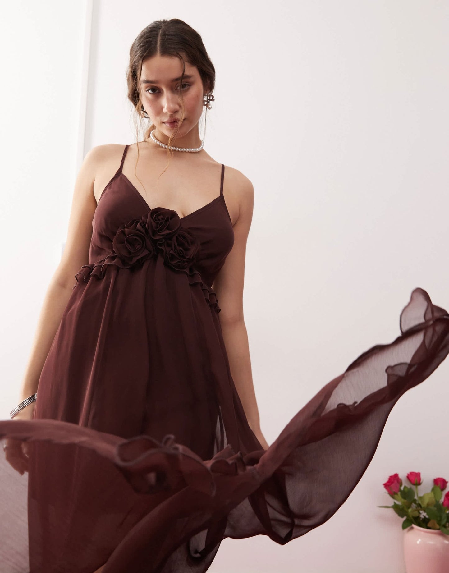 Miss Selfridge chiffon corsage detail cami maxi dress in brown - ASOS Sample Sale EU Store