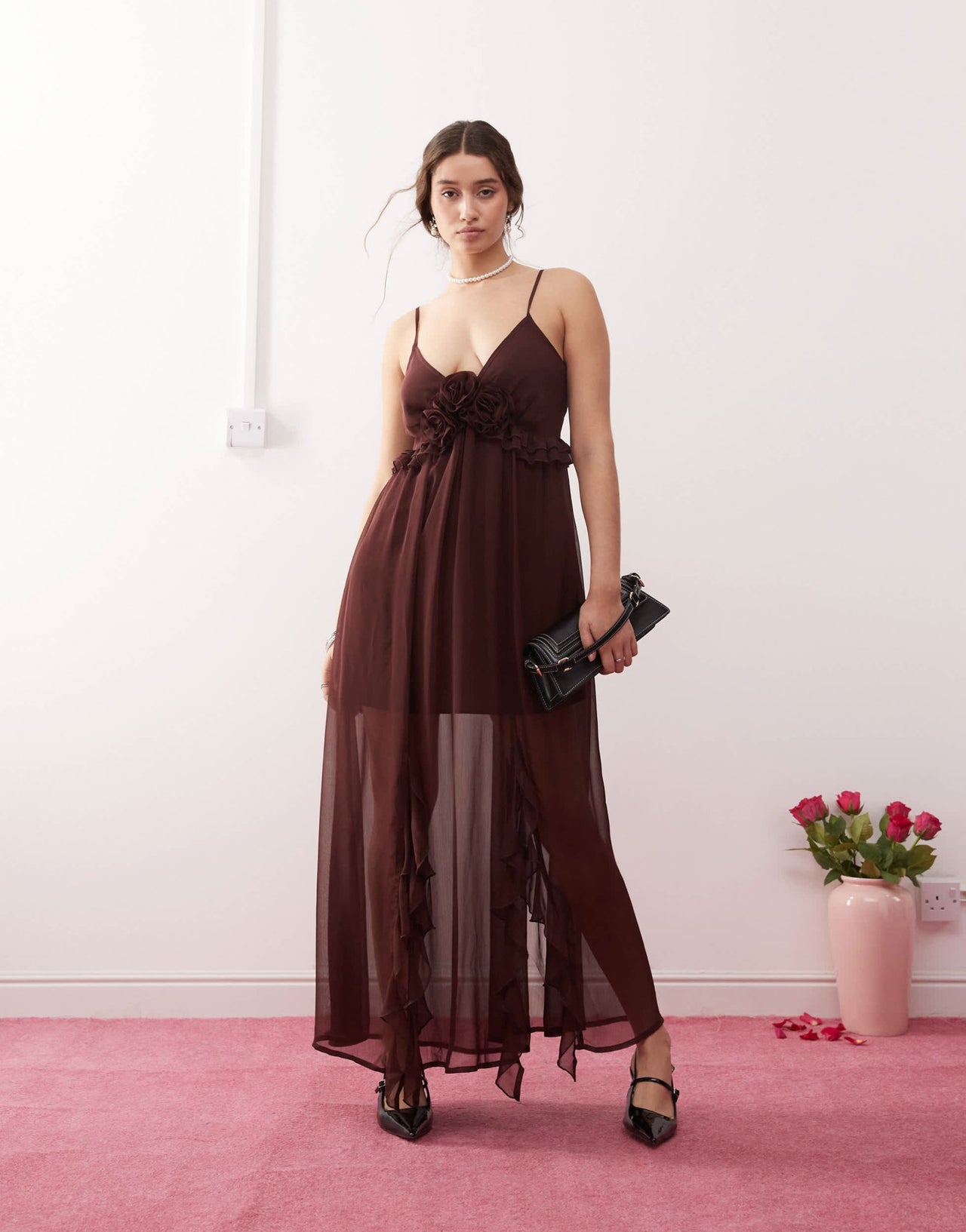 Miss Selfridge chiffon corsage detail cami maxi dress in brown - ASOS Sample Sale EU Store