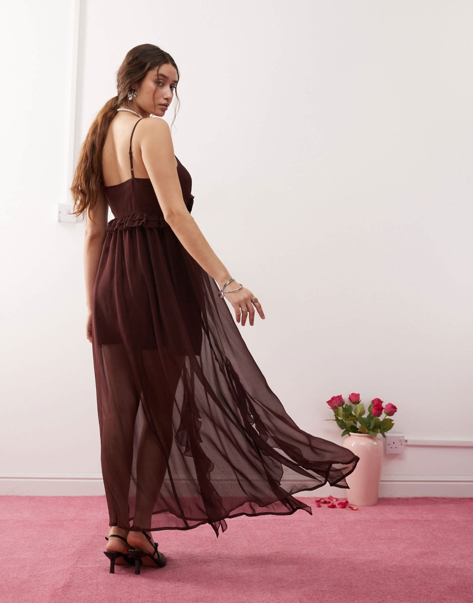 Miss Selfridge chiffon corsage detail cami maxi dress in brown – ASOS Sample Sale EU Store