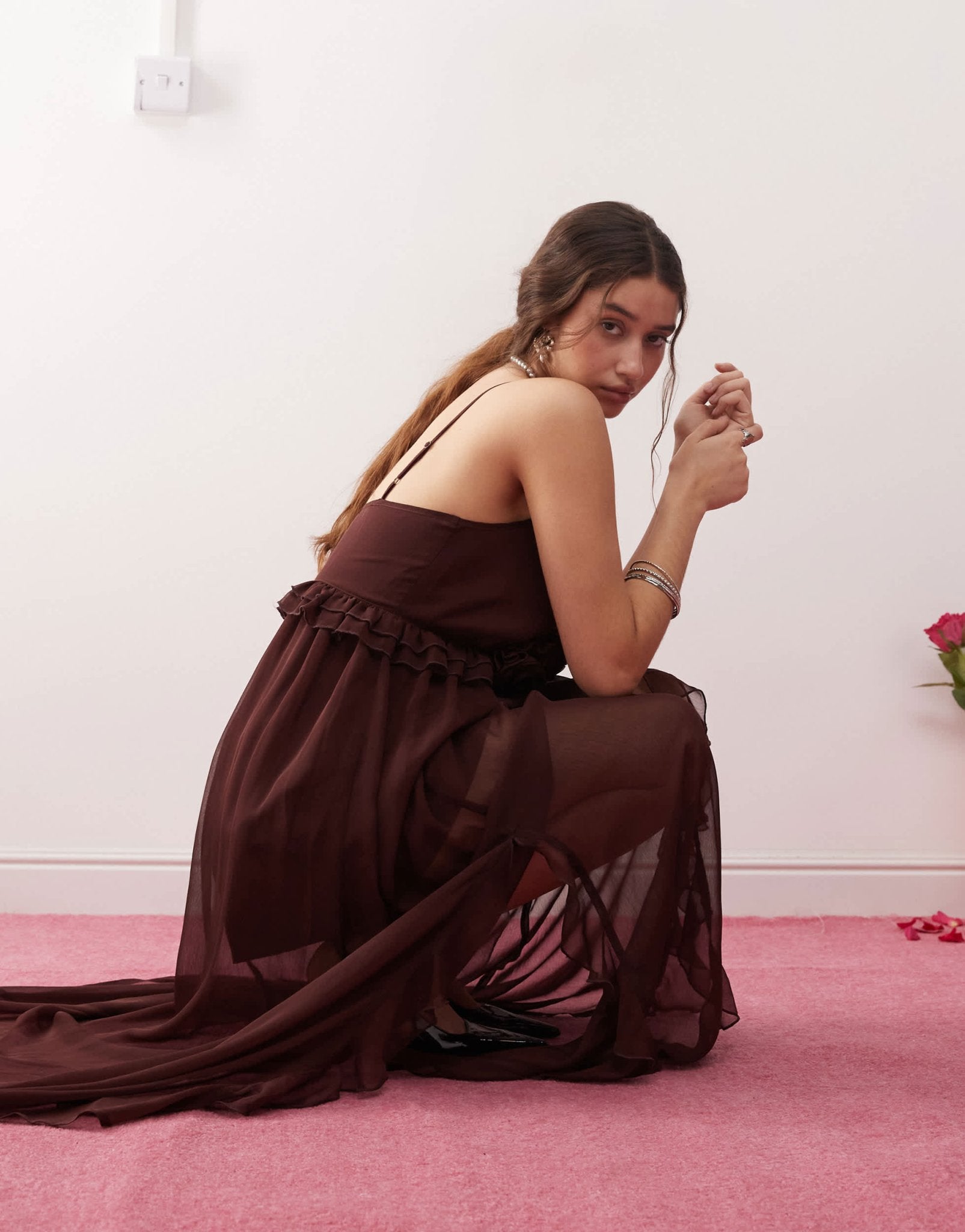 Miss Selfridge chiffon corsage detail cami maxi dress in brown - ASOS Sample Sale EU Store