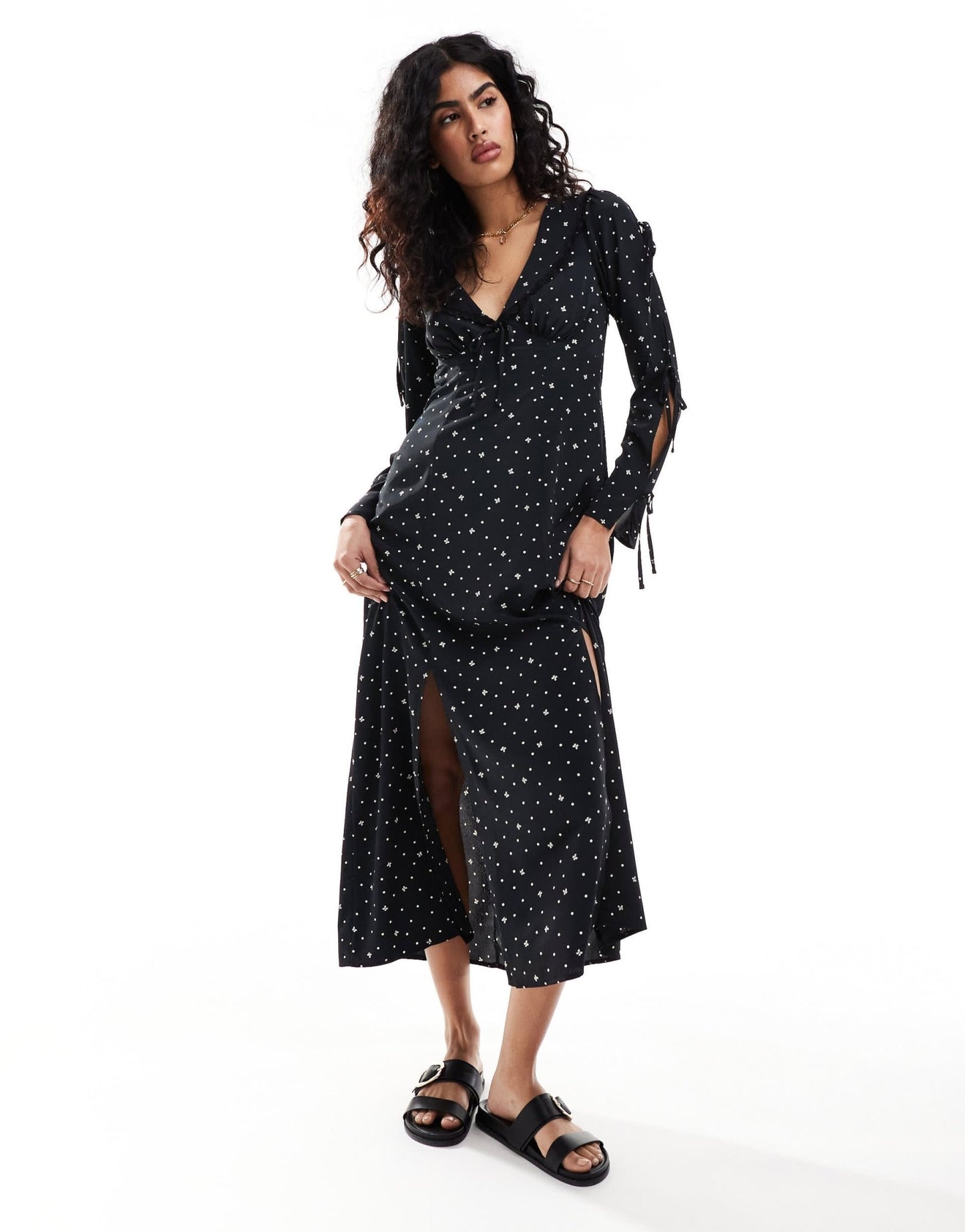 Miss Selfridge collar tie front bow sleeve maxi dress in polka dot bow print - ASOS Sample Sale EU Store