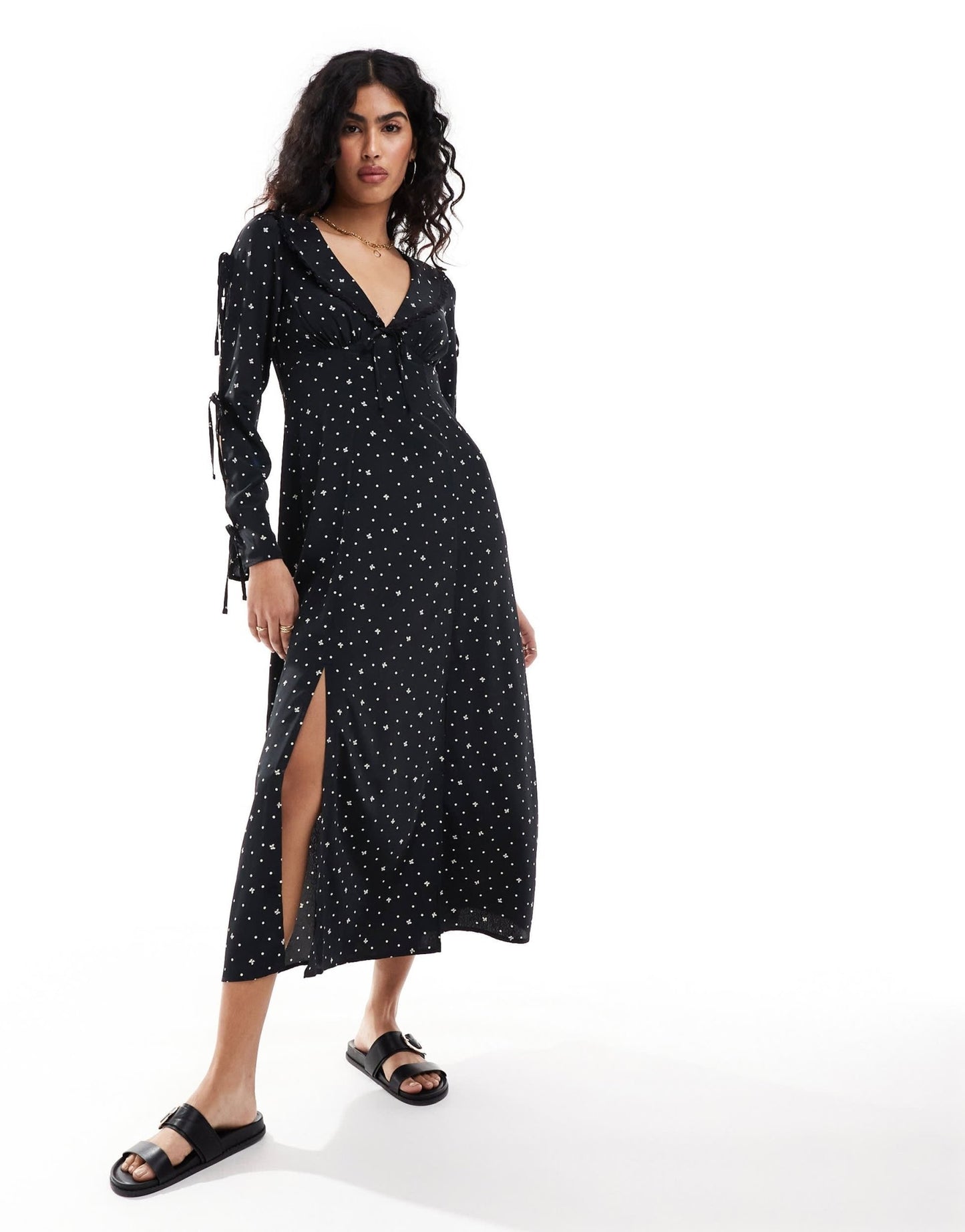 Miss Selfridge collar tie front bow sleeve maxi dress in polka dot bow print - ASOS Sample Sale EU Store